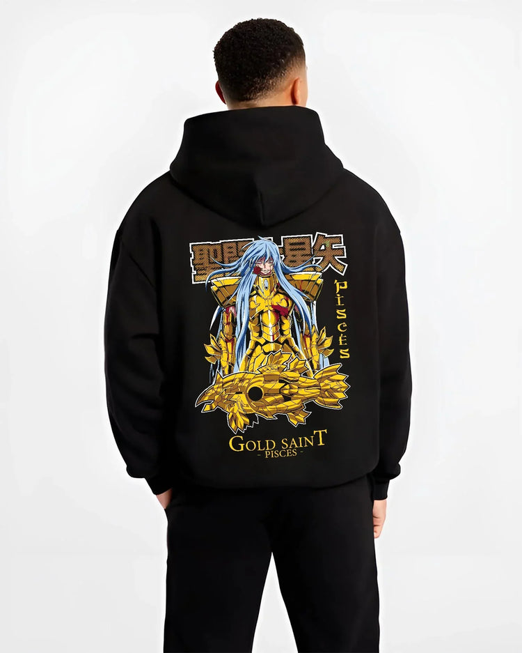 Black hoodie worn by male model, back view with Pisces Gold Saint Hoodie Saint Seiya Mythic Zodiac graphic premium wear.