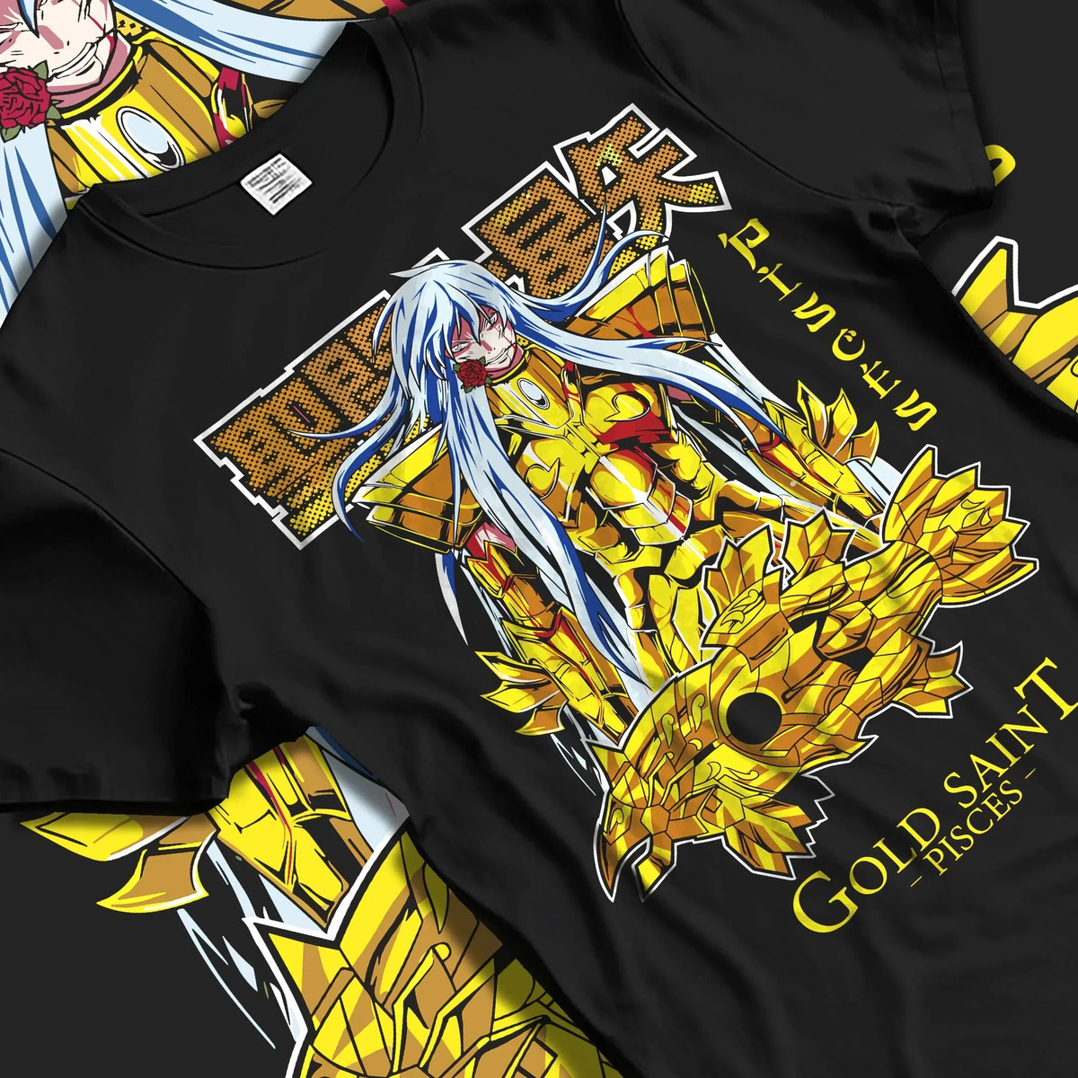 Black T-shirt laid flat with natural folds with Pisces Gold Saint Hoodie Saint Seiya Mythic Zodiac graphic streetwear graphic.