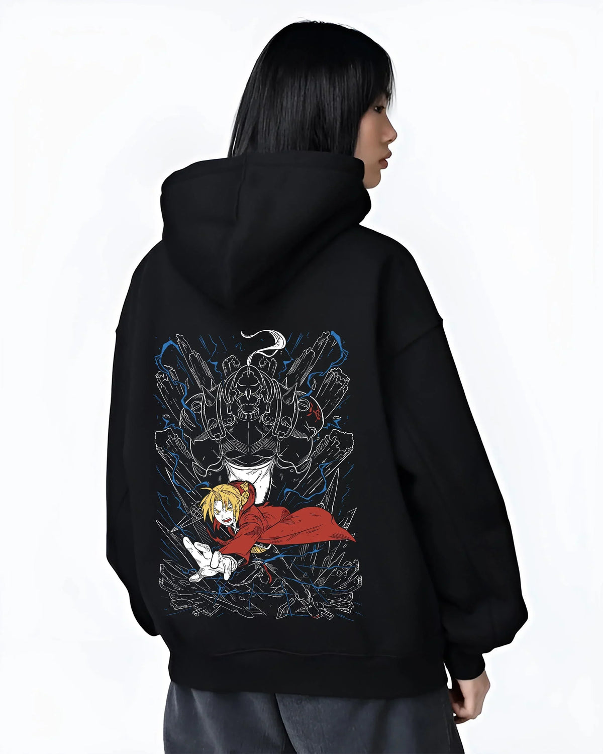 Black hoodie worn by female model, back view with Elric Brothers Hoodie Fullmetal Alchemist Battle Bond graphic streetwear graphic.
