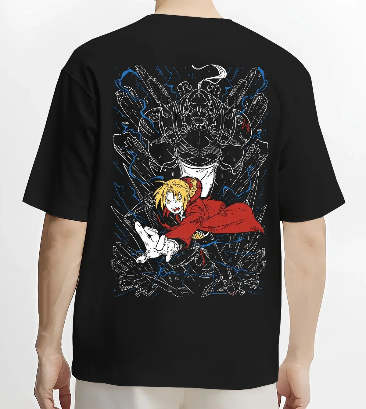 Black T-shirt worn by male model, back view with Elric Brothers Hoodie Fullmetal Alchemist Battle Bond graphic premium wear.