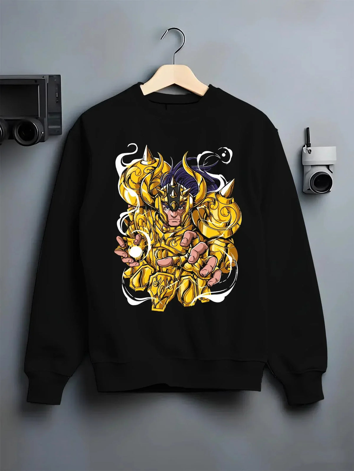 Black crewneck sweatshirt on hanger with Aldebaran Gold Saint Hoodie Saint Seiya Taurus Power graphic streetwear graphic.