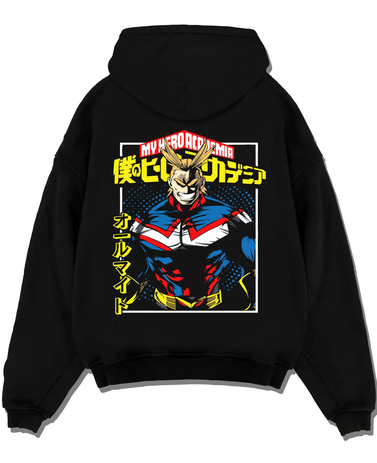 Black pullover hoodie laid flat with All Might Hero Hoodie My Hero Academia Plus Ultra Bold graphic premium wear.