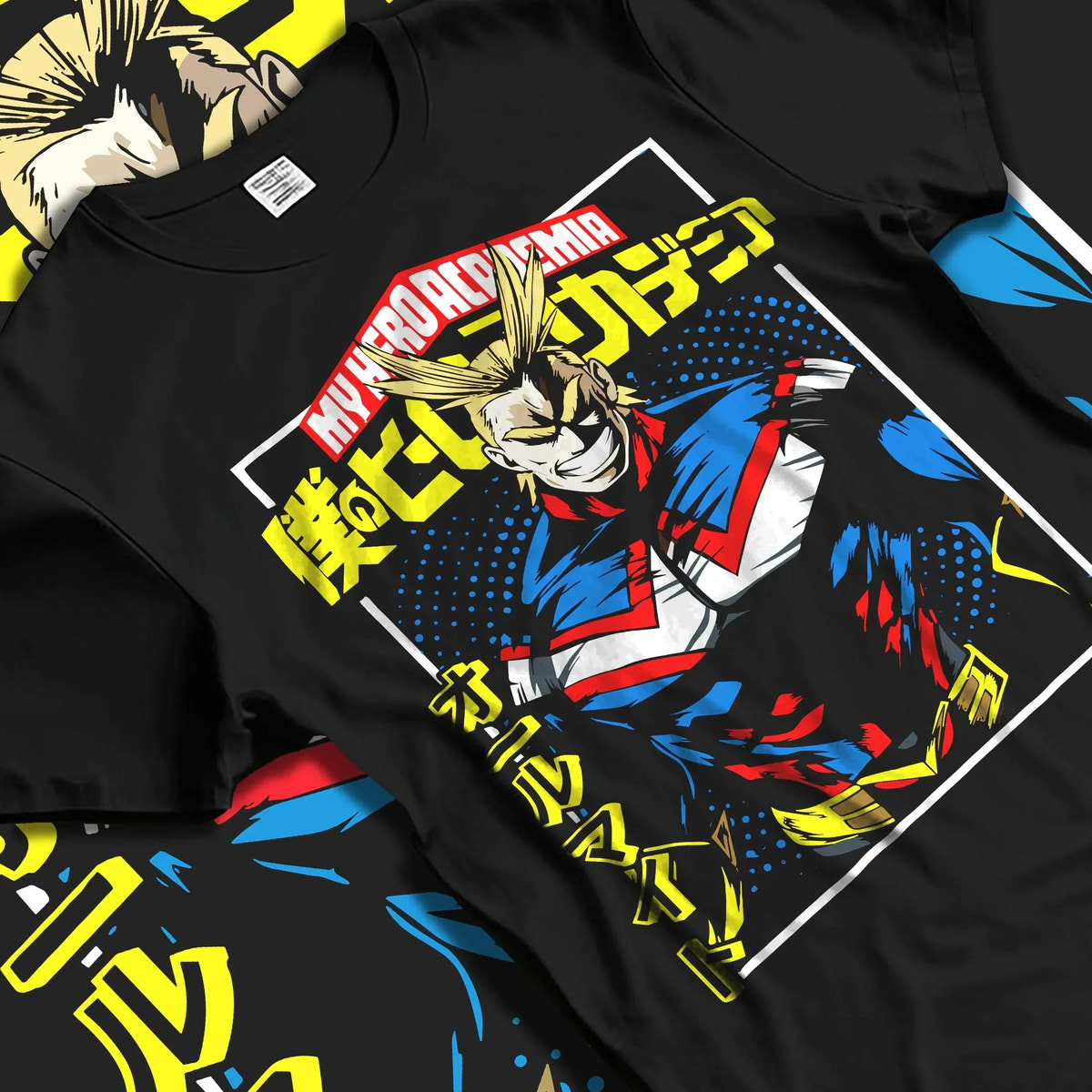Black T-shirt laid flat with natural folds with All Might Hero Hoodie My Hero Academia Plus Ultra Bold graphic premium wear.