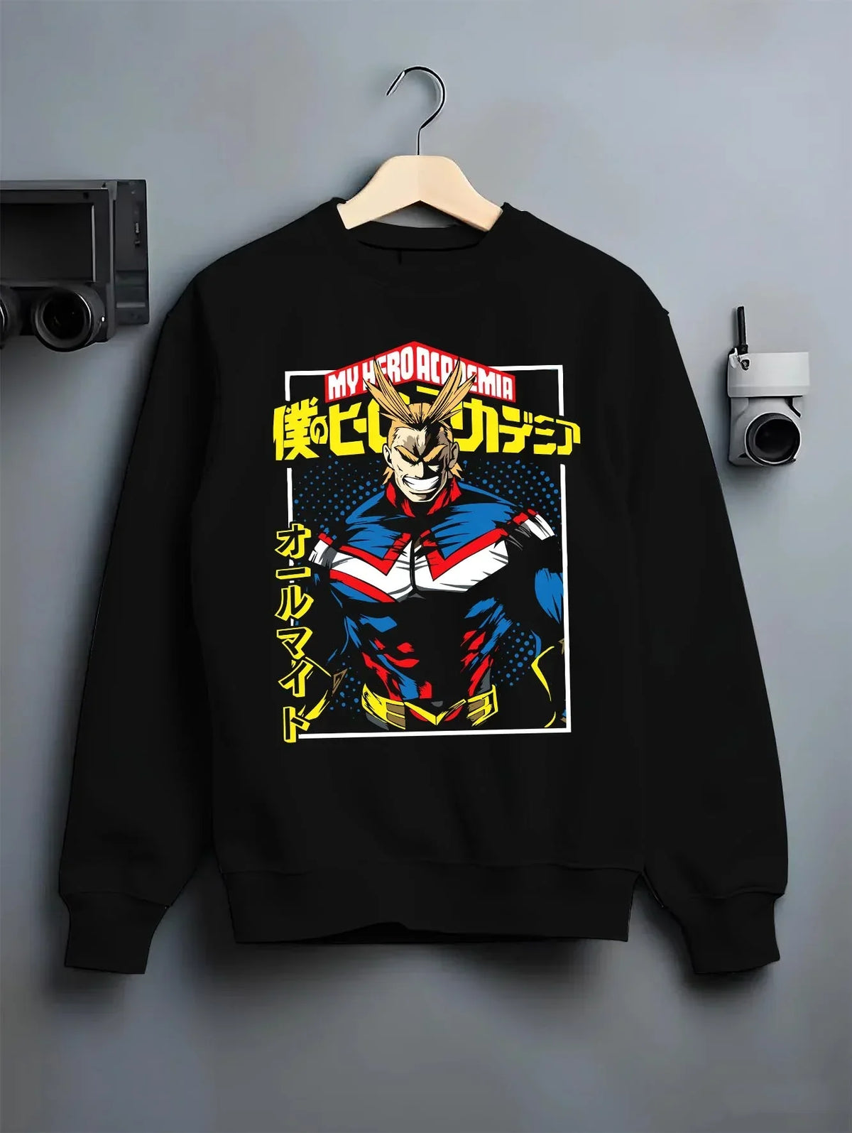 Black crewneck sweatshirt on hanger with All Might Hero Hoodie My Hero Academia Plus Ultra Bold graphic bold anime graphic.