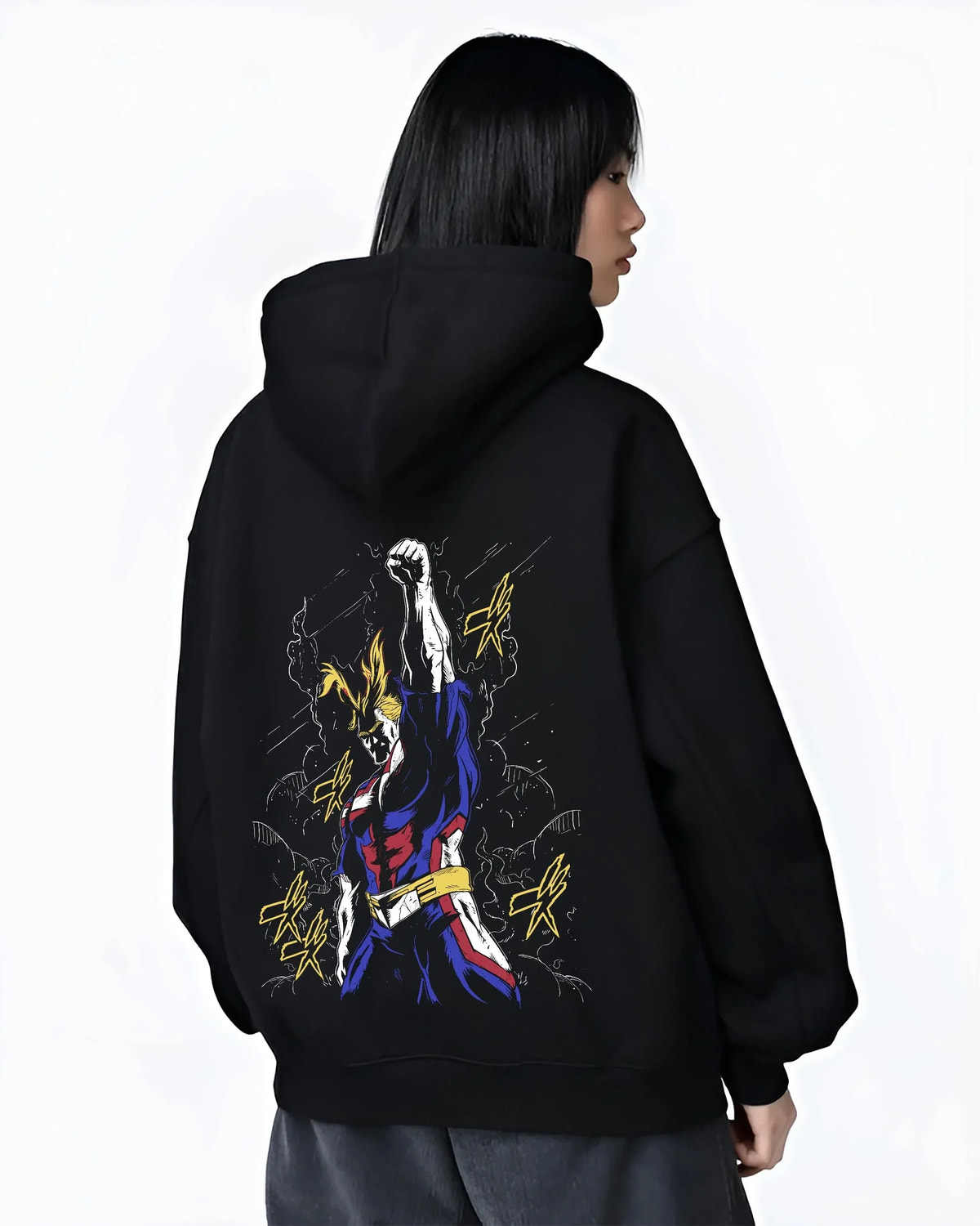 Black hoodie worn by female model, back view with All Might Power Hoodie My Hero Academia Lightning Pose graphic bold anime graphic.