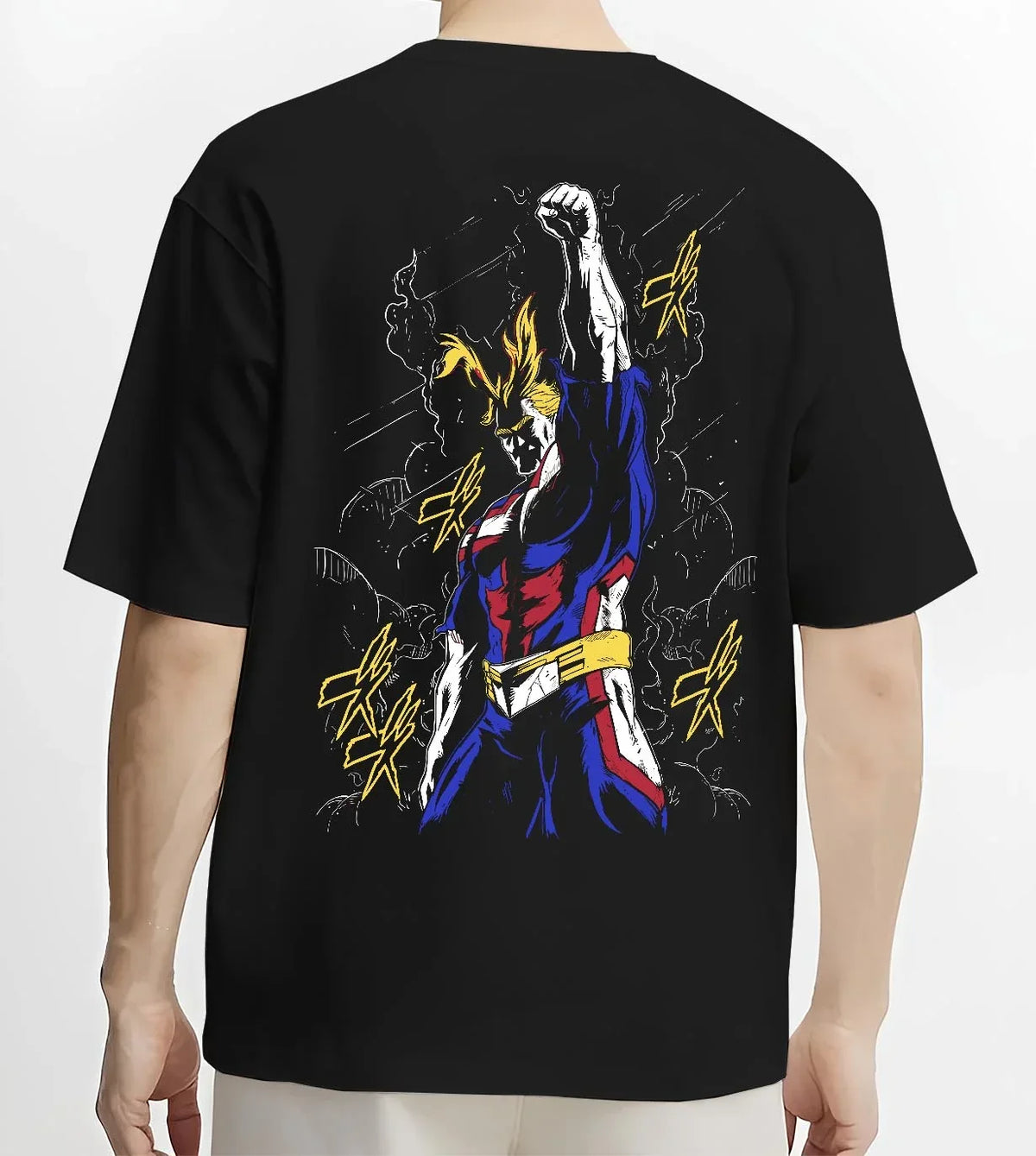 Black T-shirt worn by male model, back view with All Might Power Hoodie My Hero Academia Lightning Pose graphic bold anime graphic.