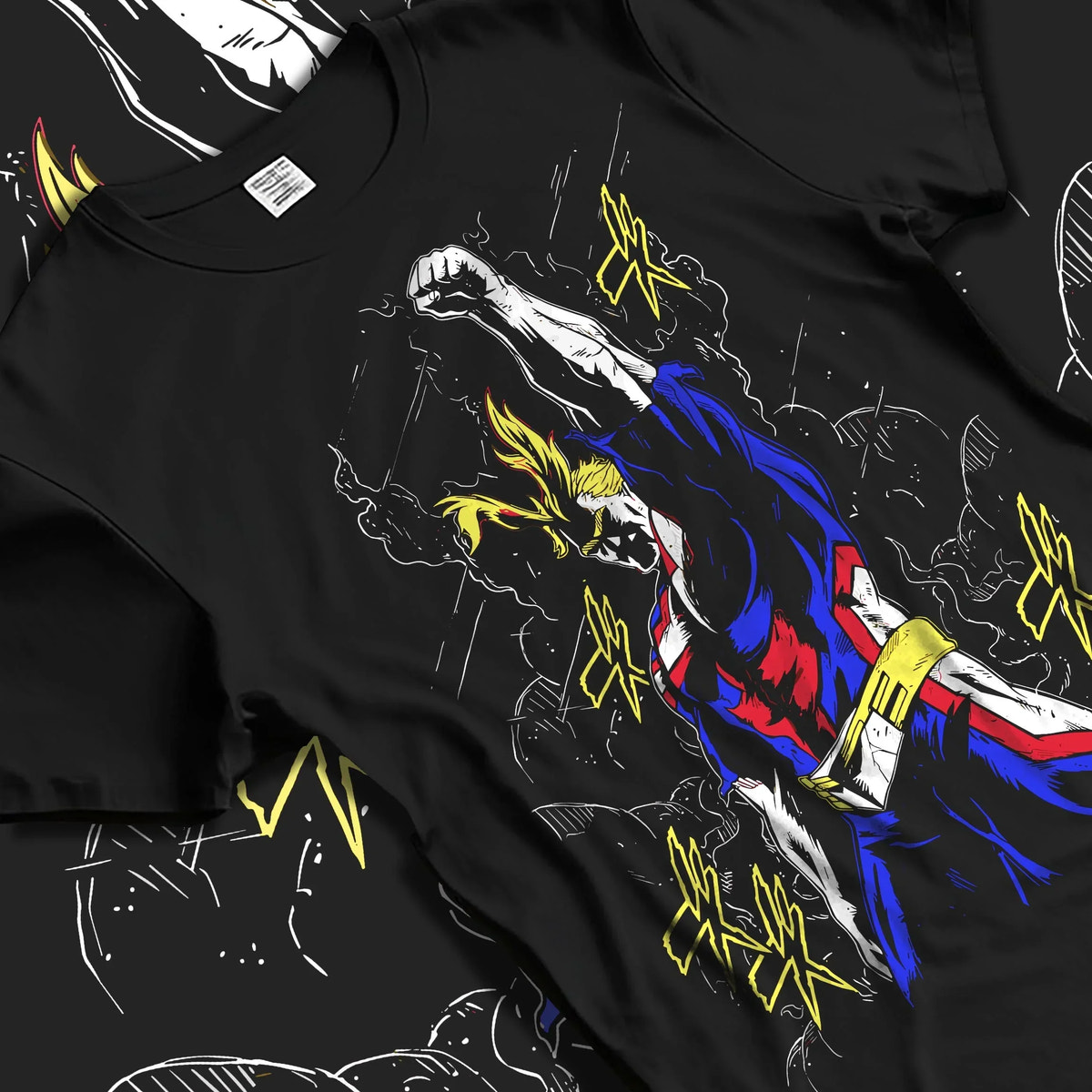 Black T-shirt laid flat with natural folds with All Might Power Hoodie My Hero Academia Lightning Pose graphic streetwear graphic.