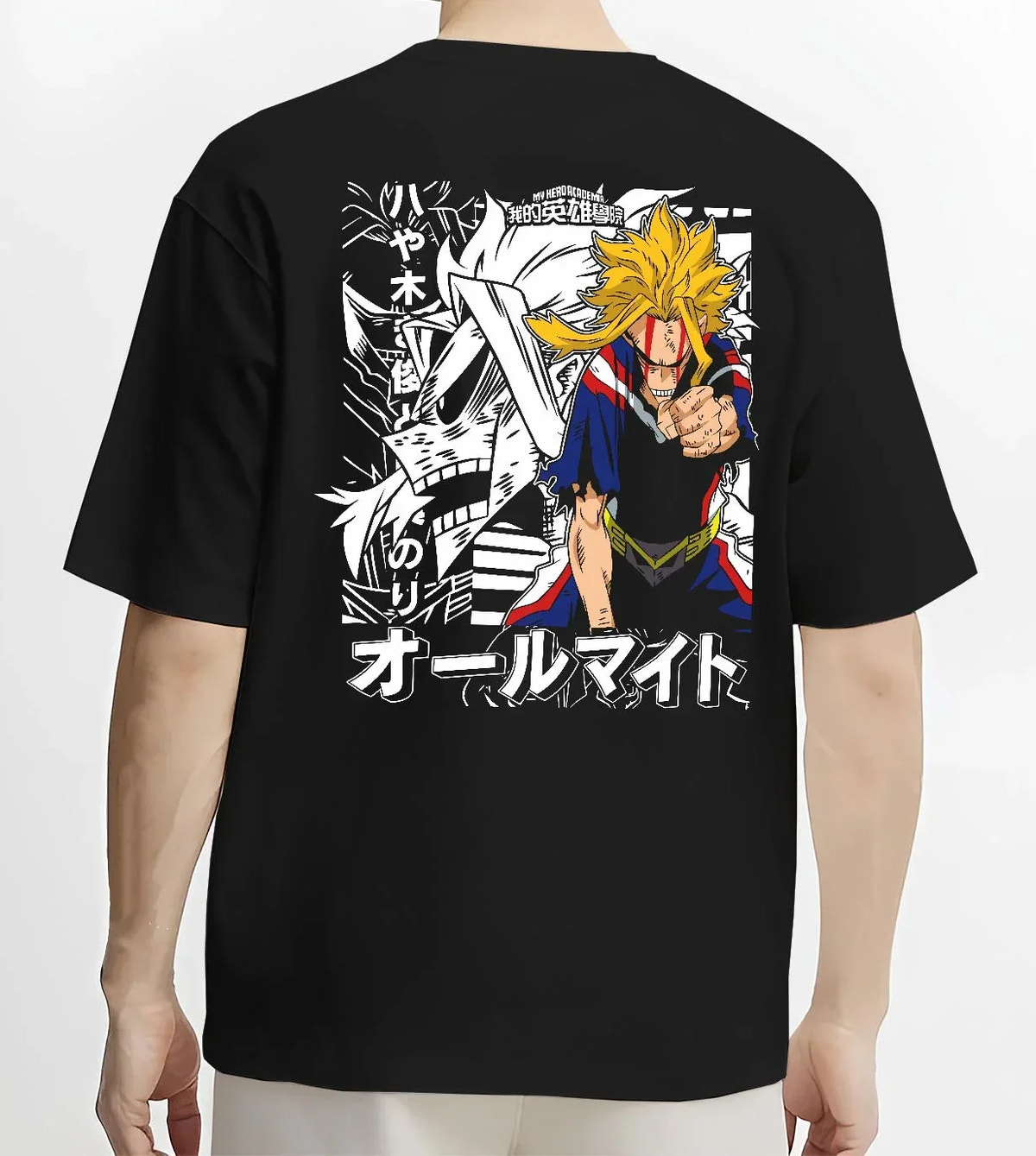 Black T-shirt worn by male model, back view with All Might Crossover Hoodie Dragon Ball Z x Hero Fusion graphic bold anime graphic.
