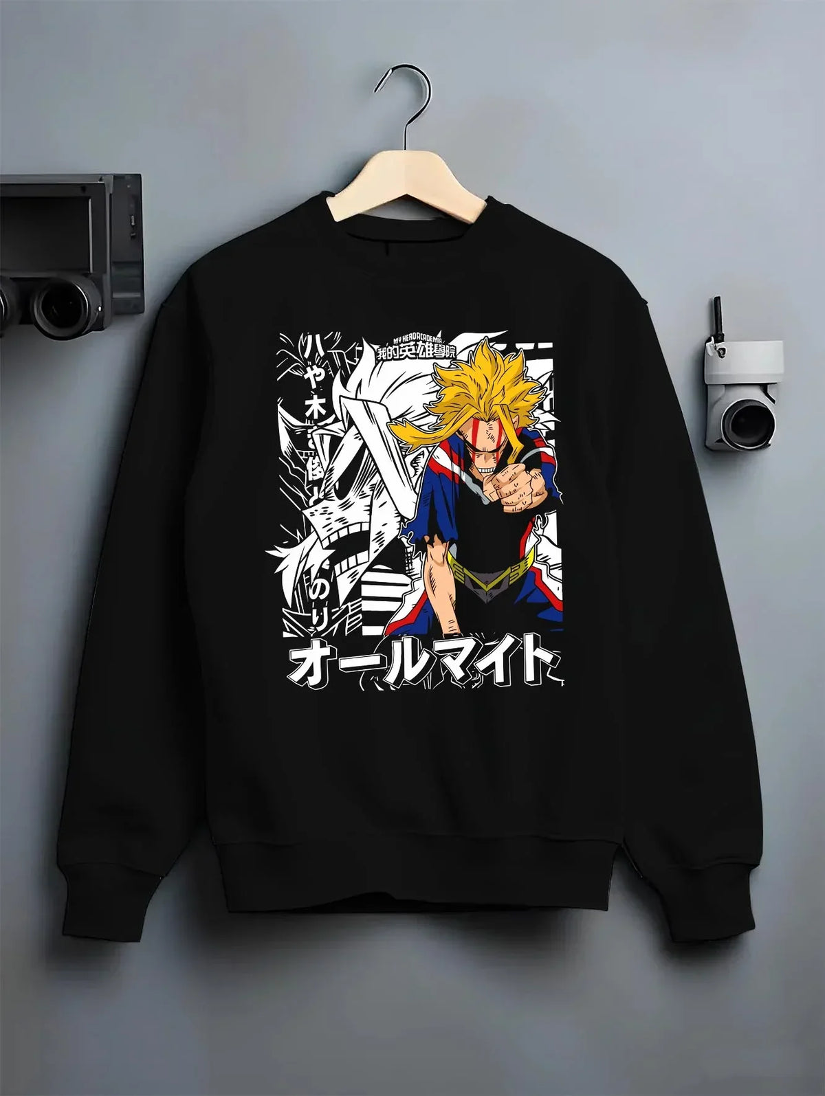 Black crewneck sweatshirt on hanger with All Might Crossover Hoodie Dragon Ball Z x Hero Fusion graphic streetwear graphic.