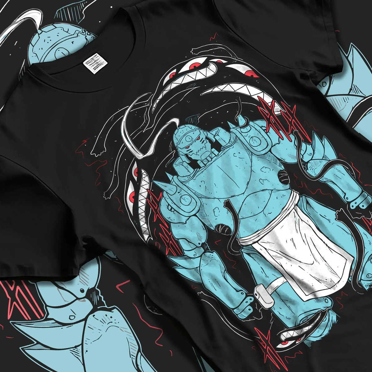 Black T-shirt laid flat with natural folds with Alphonse Hoodie Fullmetal Alchemist Steel Armoured Form graphic streetwear graphic.