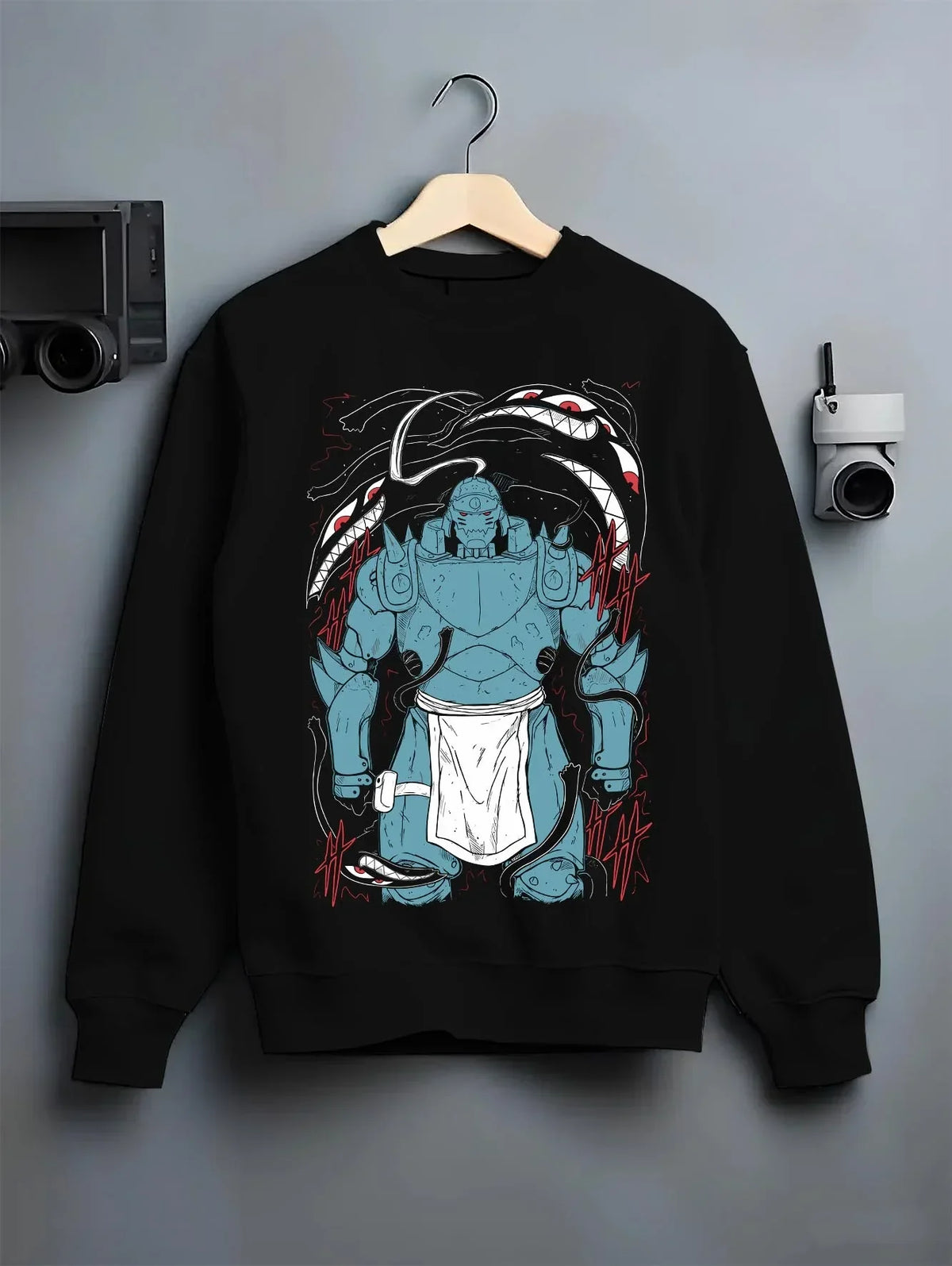 Black crewneck sweatshirt on hanger with Alphonse Hoodie Fullmetal Alchemist Steel Armoured Form graphic streetwear graphic.
