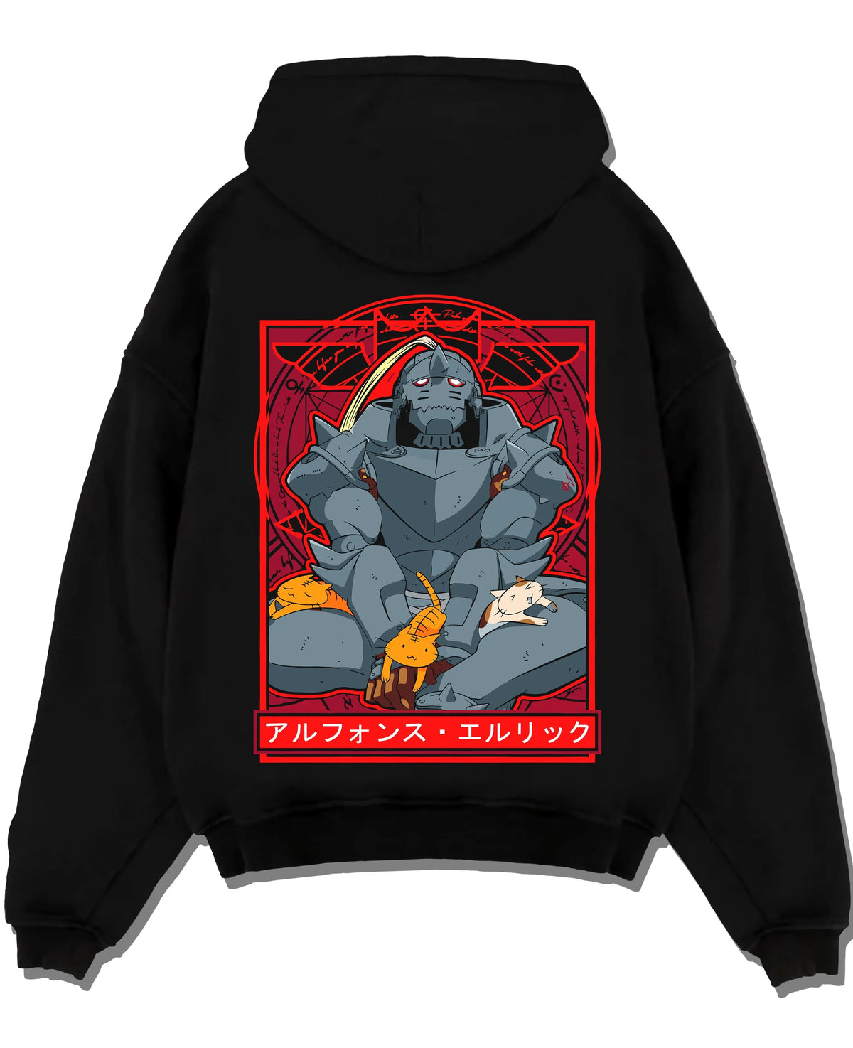 Black pullover hoodie laid flat with Alphonse Elric Hoodie Fullmetal Alchemist Cat Edition graphic streetwear graphic.