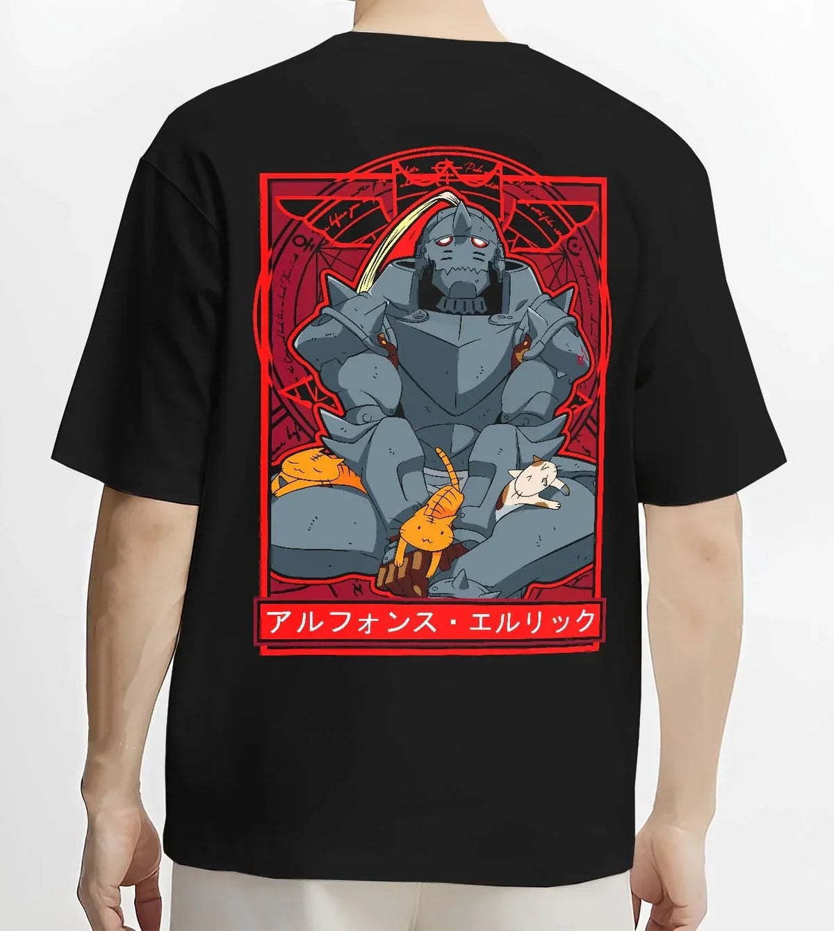 Black T-shirt worn by male model, back view with Alphonse Elric Hoodie Fullmetal Alchemist Cat Edition graphic bold anime graphic.