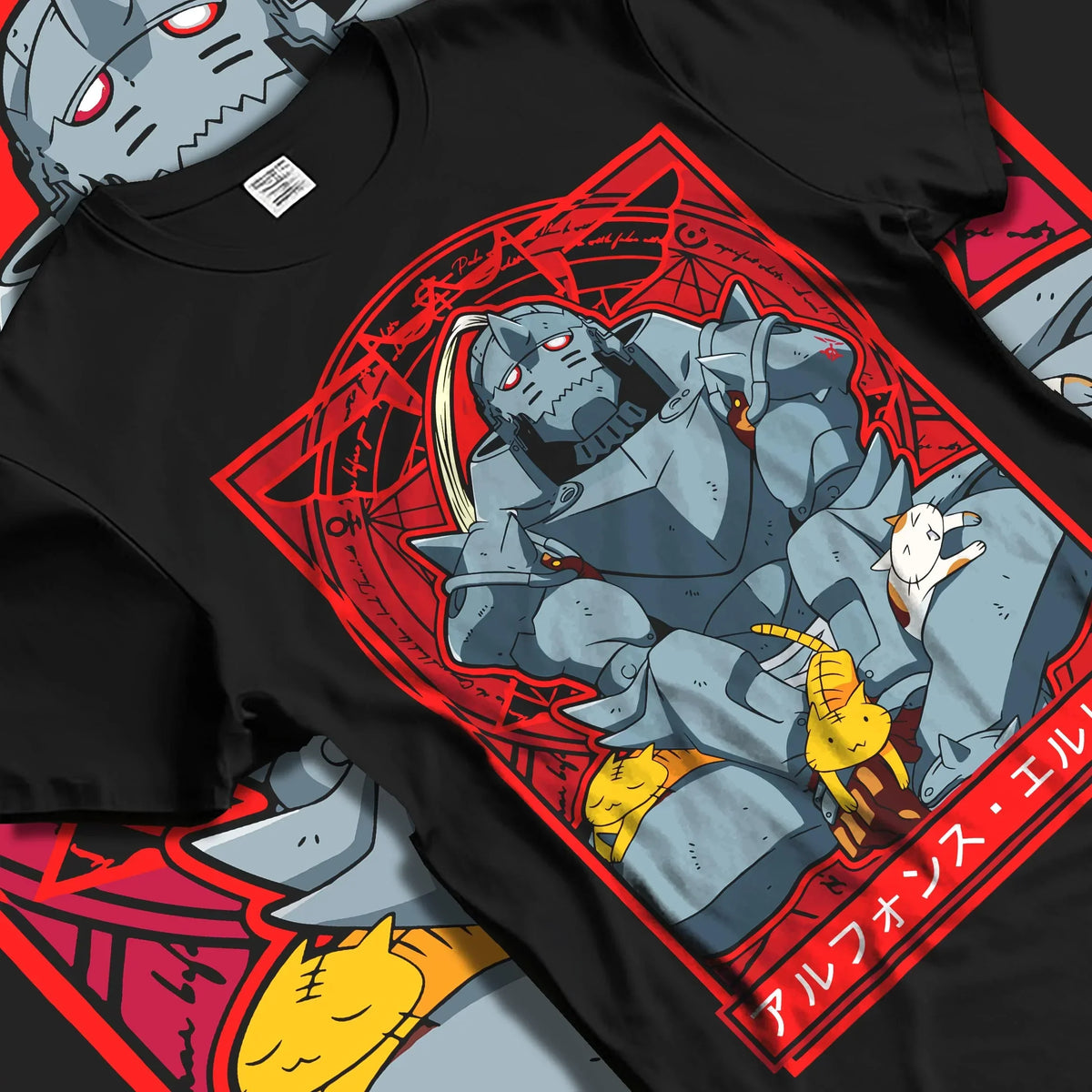 Black T-shirt laid flat with natural folds with Alphonse Elric Hoodie Fullmetal Alchemist Cat Edition graphic streetwear graphic.