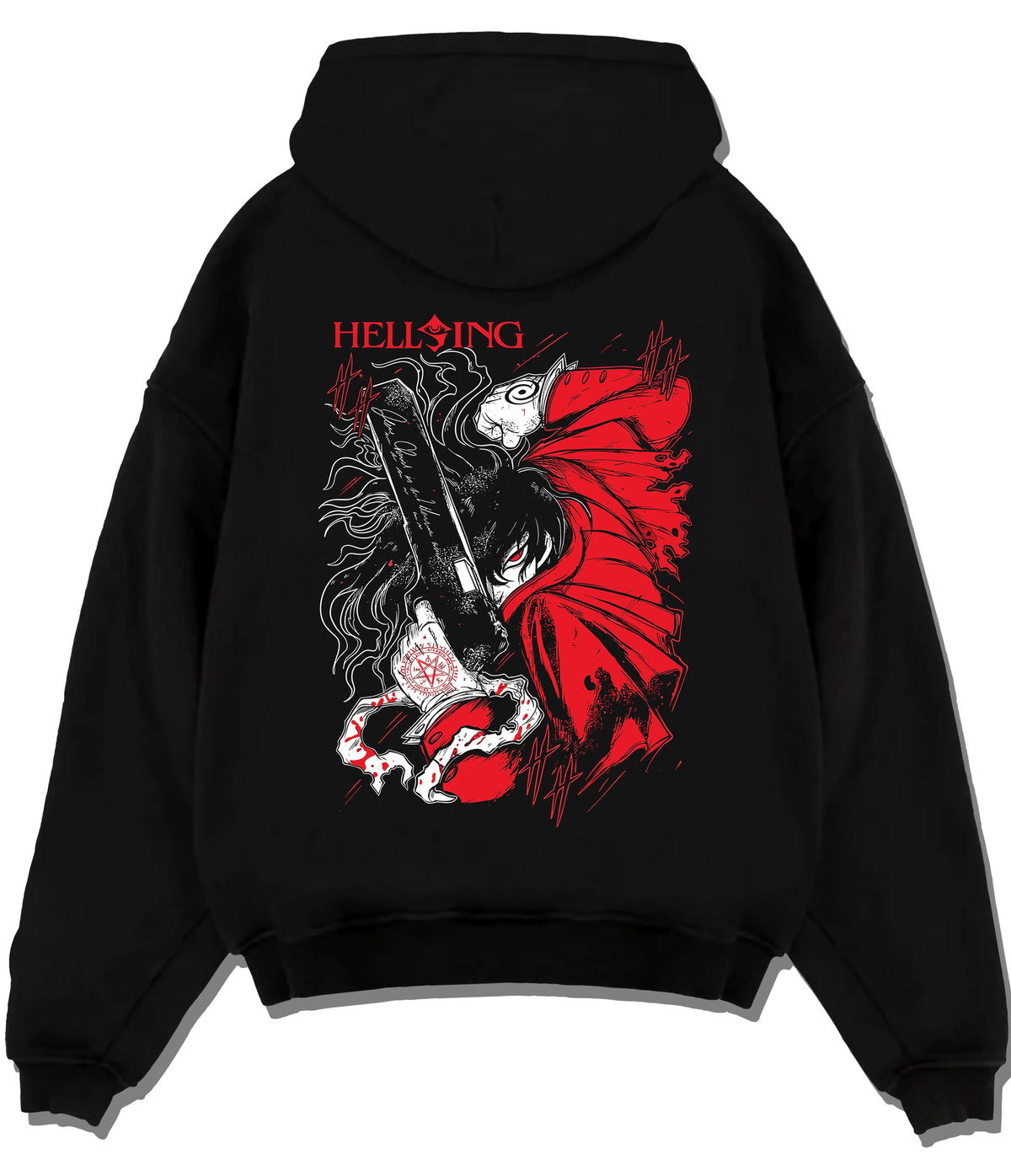 Black hoodie flat back view with Alucard from Hellsing illustrated back graphic