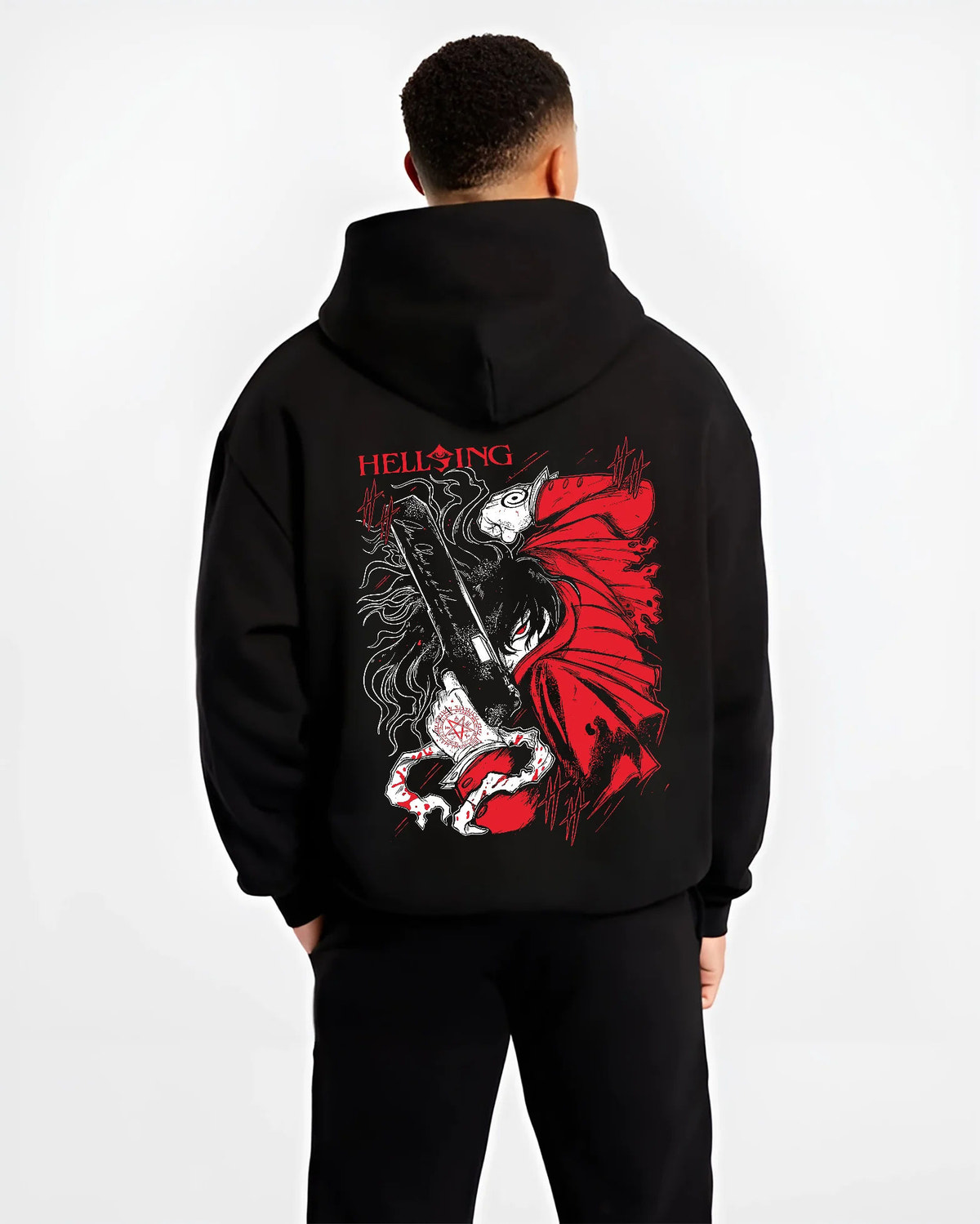 Black hoodie model back view with Alucard from Hellsing illustrated back graphic