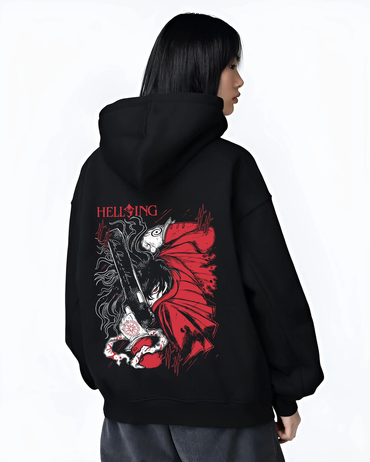 Black hoodie female model back view with Alucard from Hellsing illustrated back graphic