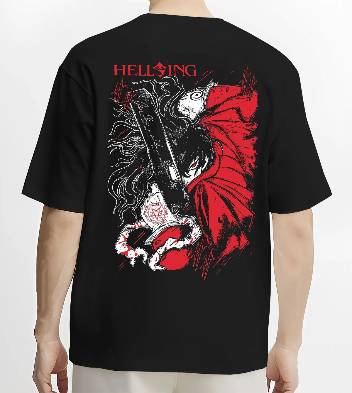 Black T-shirt model back view with Alucard from Hellsing illustrated back graphic