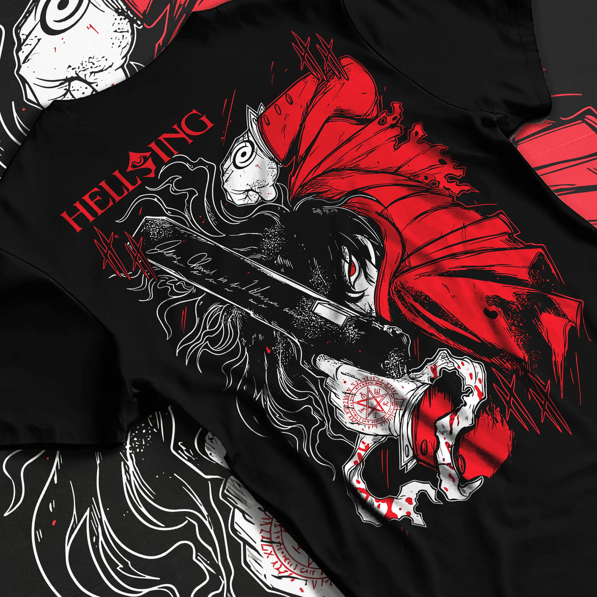 Black T-shirt flat back view with Alucard from Hellsing illustrated back graphic