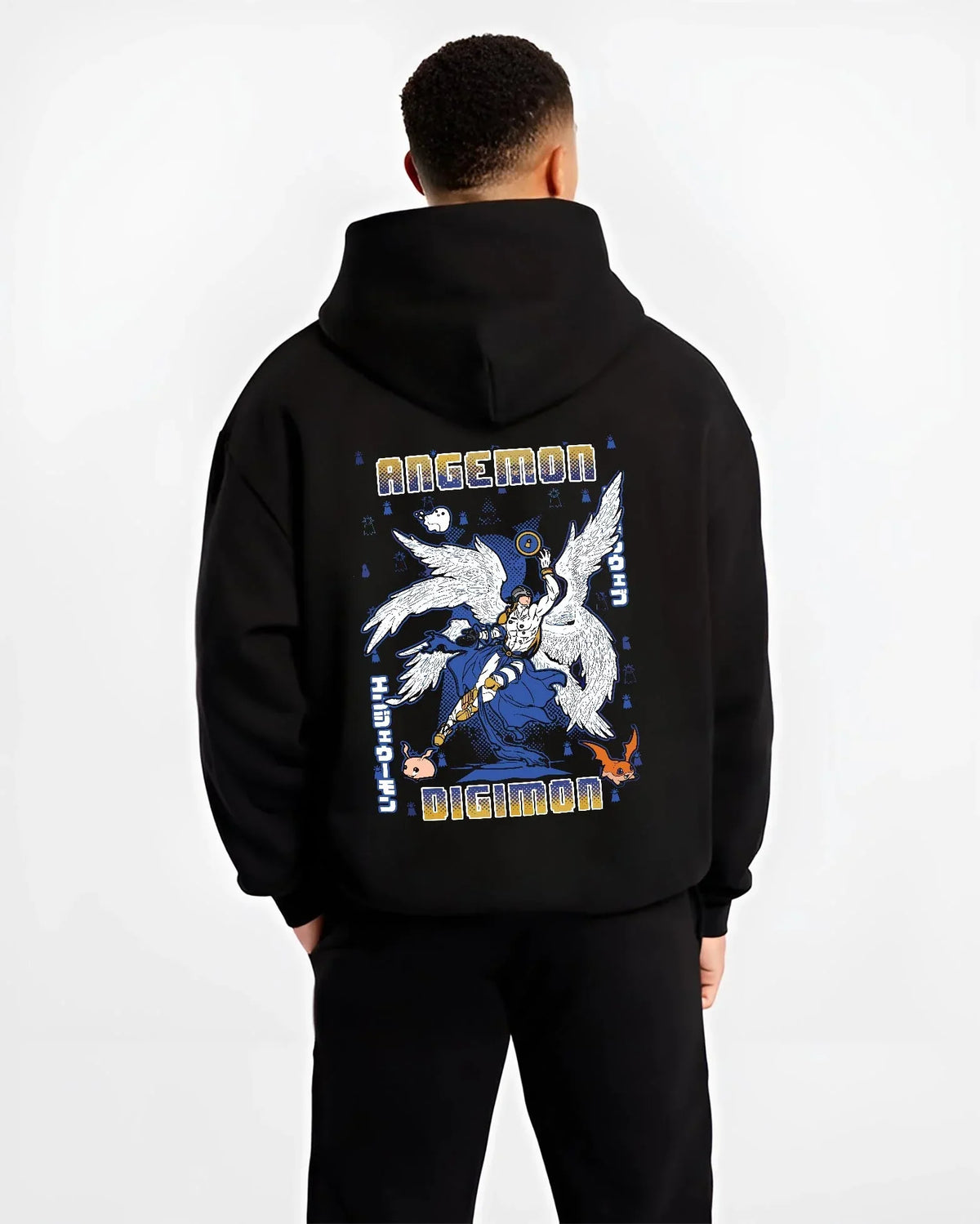 Black hoodie worn by male model, back view with Angemon Hoodie Digimon Digital Monster Celestial Form graphic premium wear.