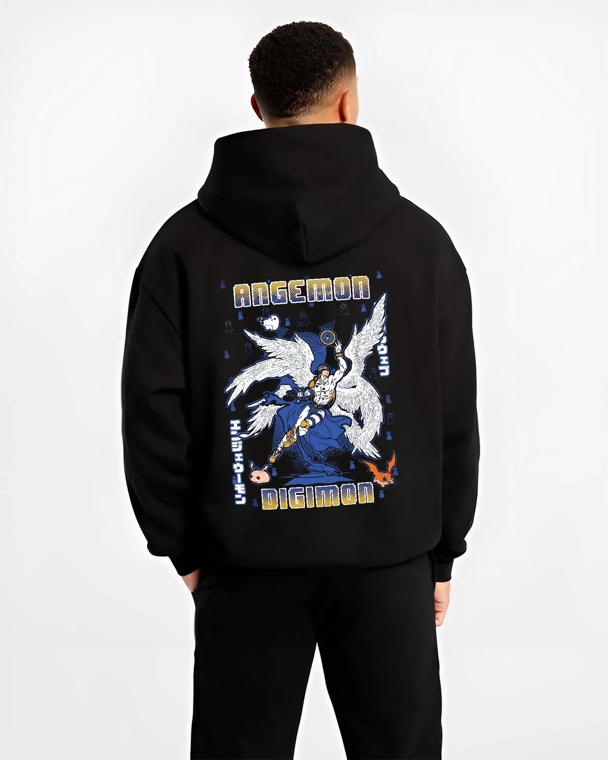 Black hoodie worn by male model, back view with Angemon Hoodie Digimon Digital Monster Celestial Form graphic premium wear.