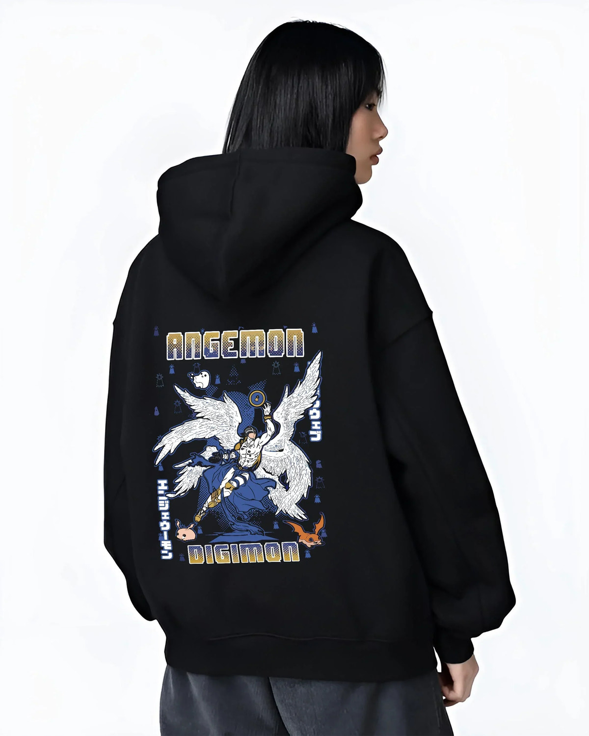 Black hoodie worn by female model, back view with Angemon Hoodie Digimon Digital Monster Celestial Form graphic streetwear graphic.