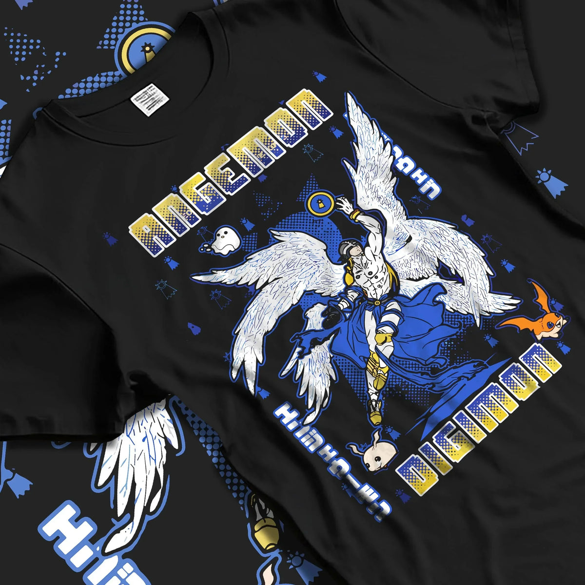 Black T-shirt laid flat with natural folds with Angemon Hoodie Digimon Digital Monster Celestial Form graphic streetwear graphic.