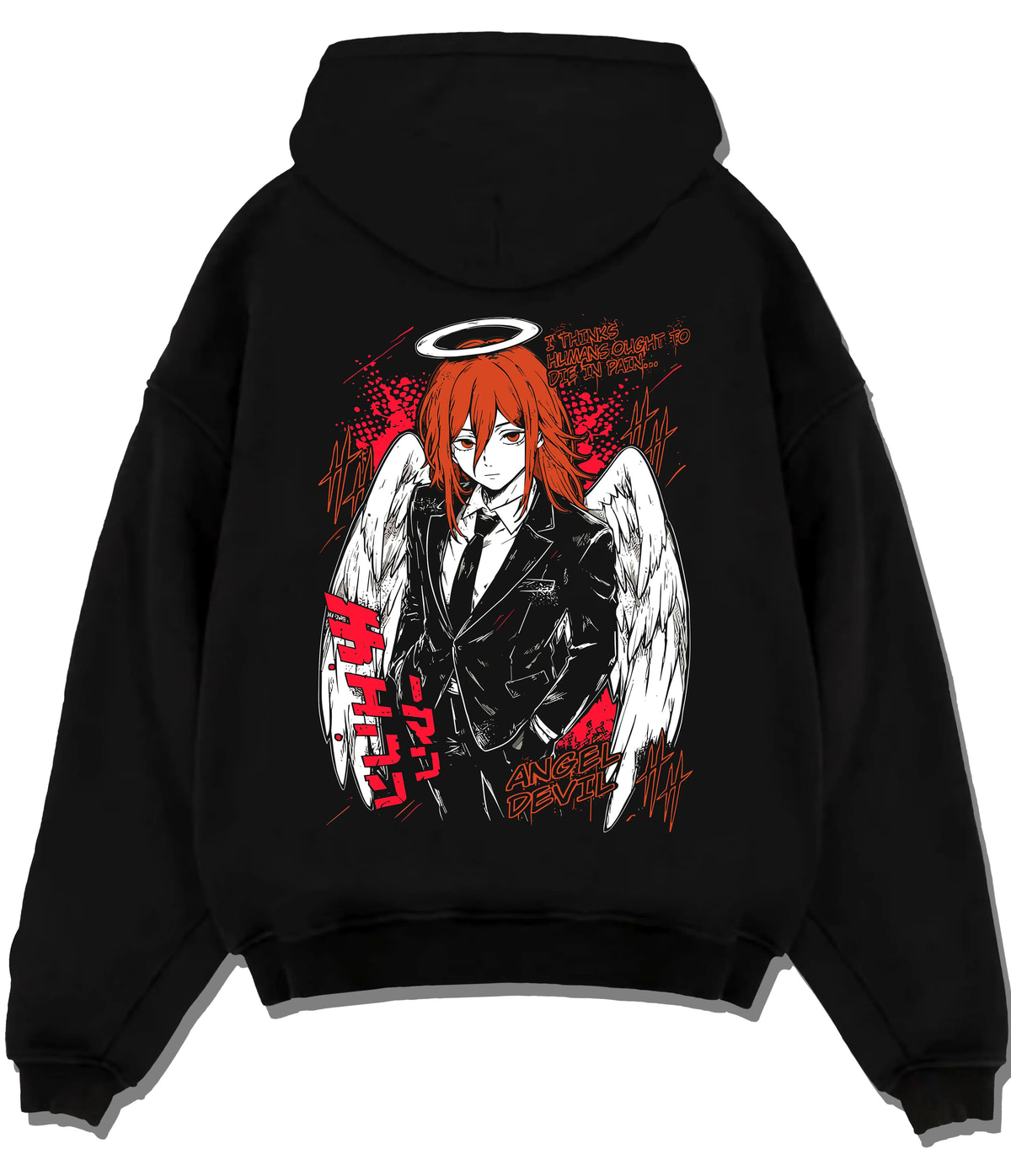 Black hoodie flat back view with Angel Devil from Chainsaw Man illustrated back graphic