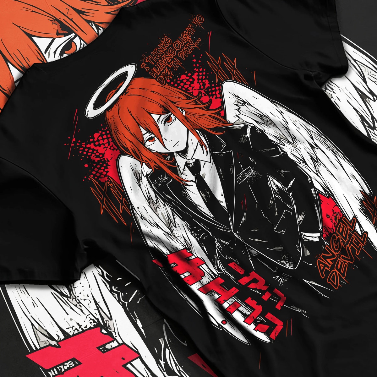 Black T-shirt flat back view with Angel Devil from Chainsaw Man illustrated back graphic