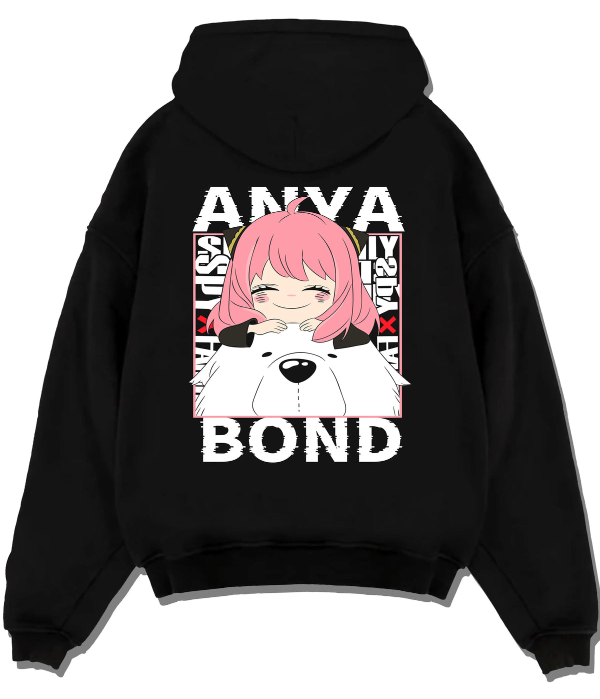 Black hoodie flat back view with Anya Forger and Bond from Spy x Family illustrated back graphic