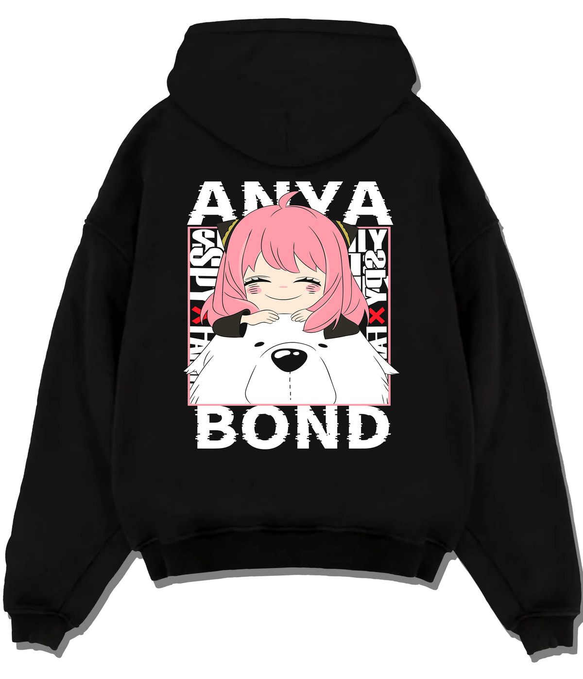 Black hoodie flat back view with Anya Forger and Bond from Spy x Family illustrated back graphic