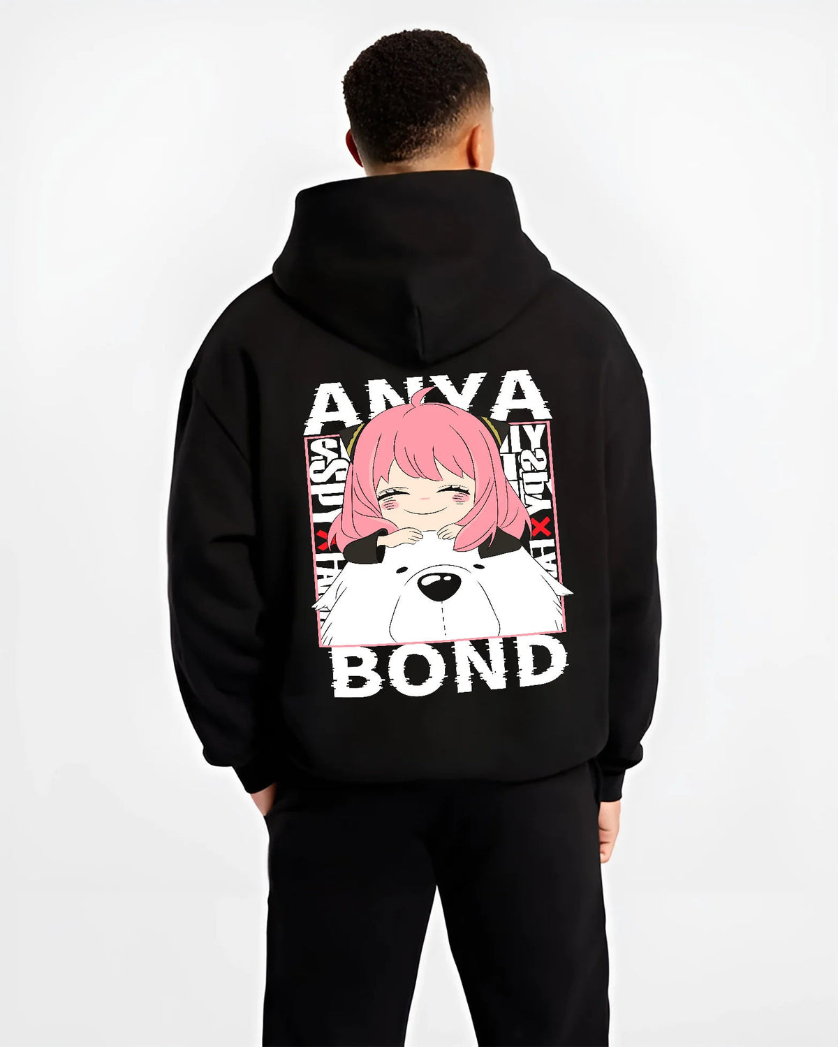 Black hoodie model back view with Anya Forger and Bond from Spy x Family illustrated back graphic