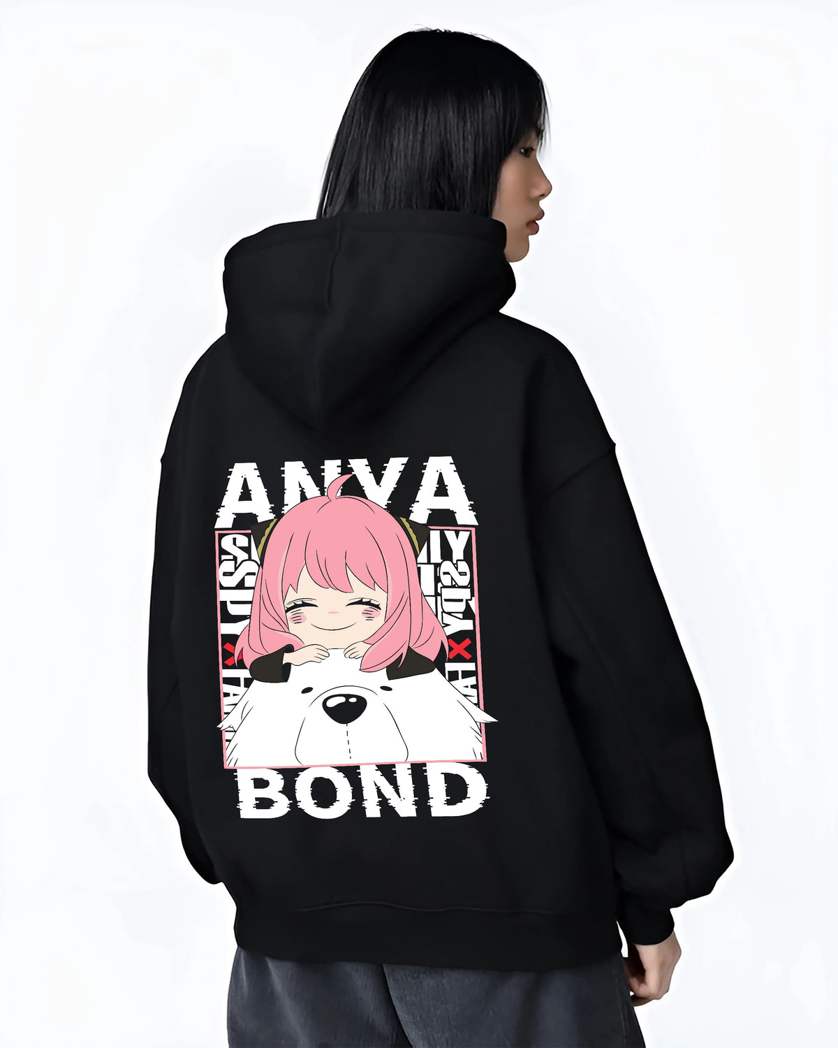 Black hoodie female model back view with Anya Forger and Bond from Spy x Family illustrated back graphic