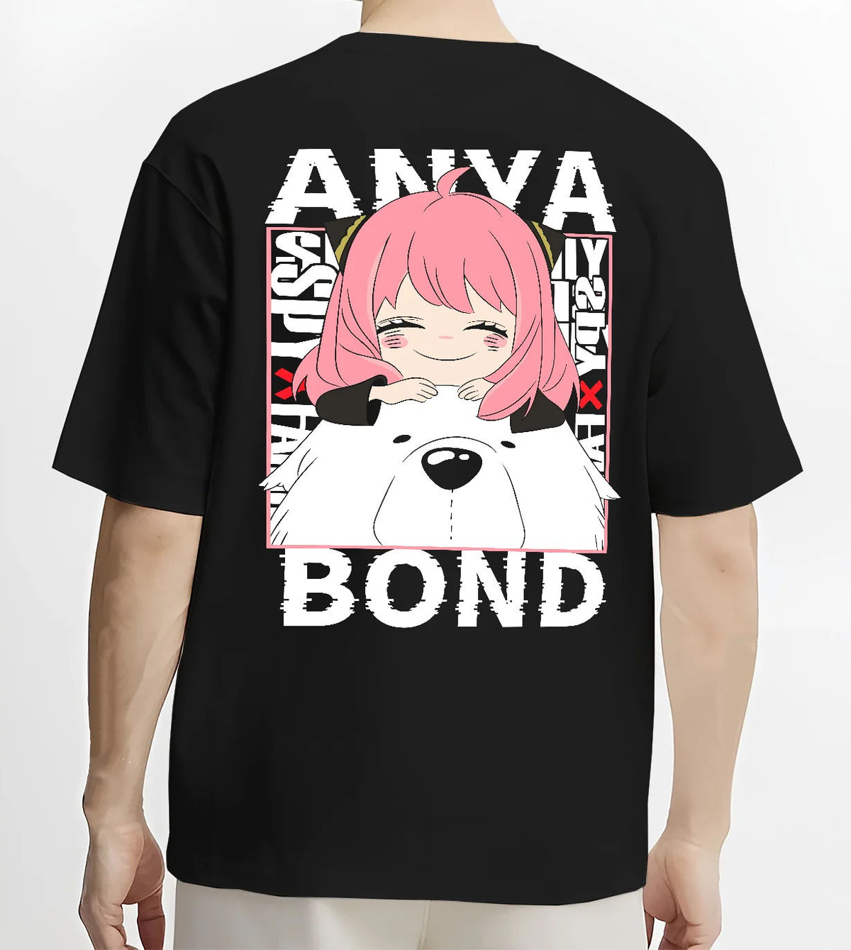 Black T-shirt model back view with Anya Forger and Bond from Spy x Family illustrated back graphic