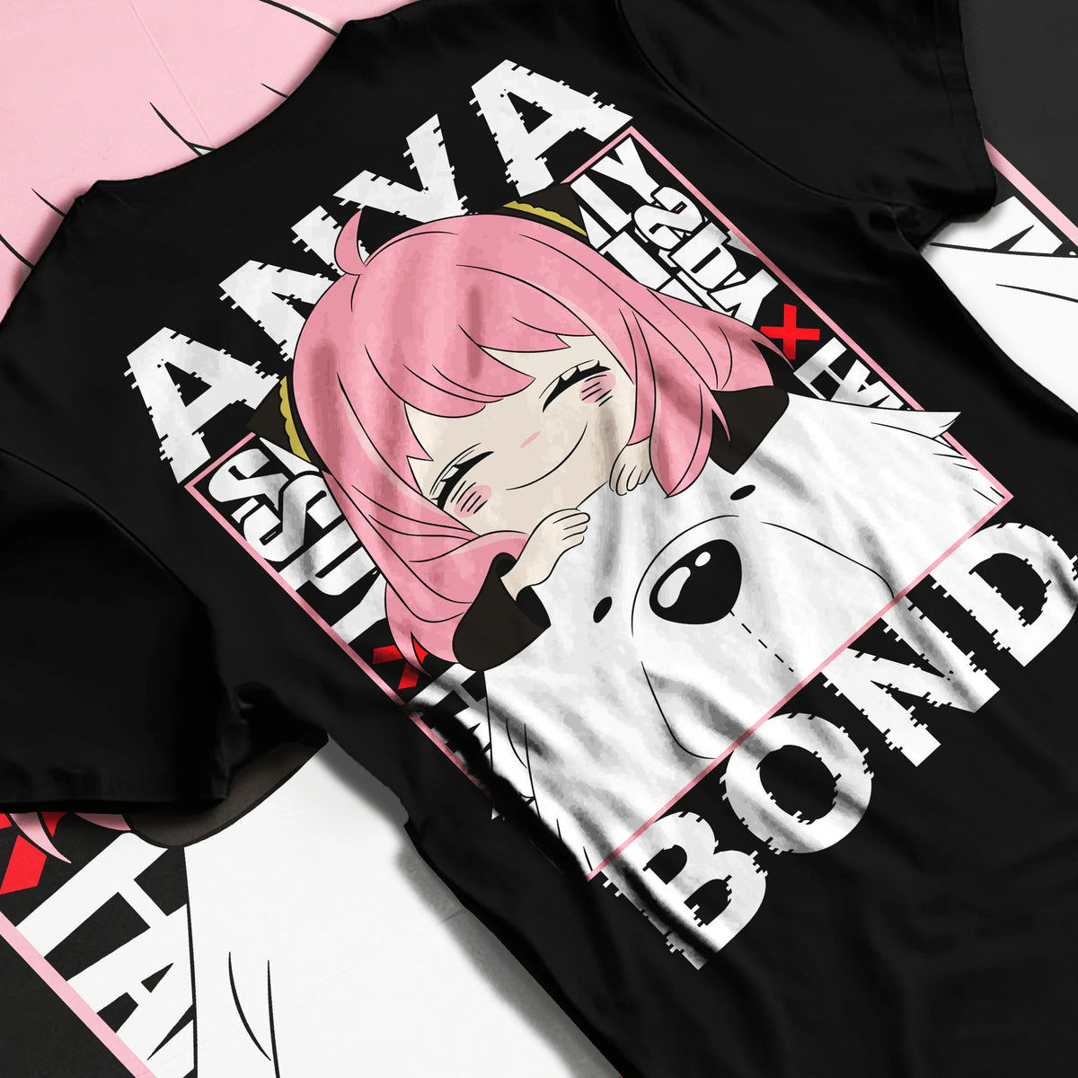 Black T-shirt flat back view with Anya Forger and Bond from Spy x Family illustrated back graphic