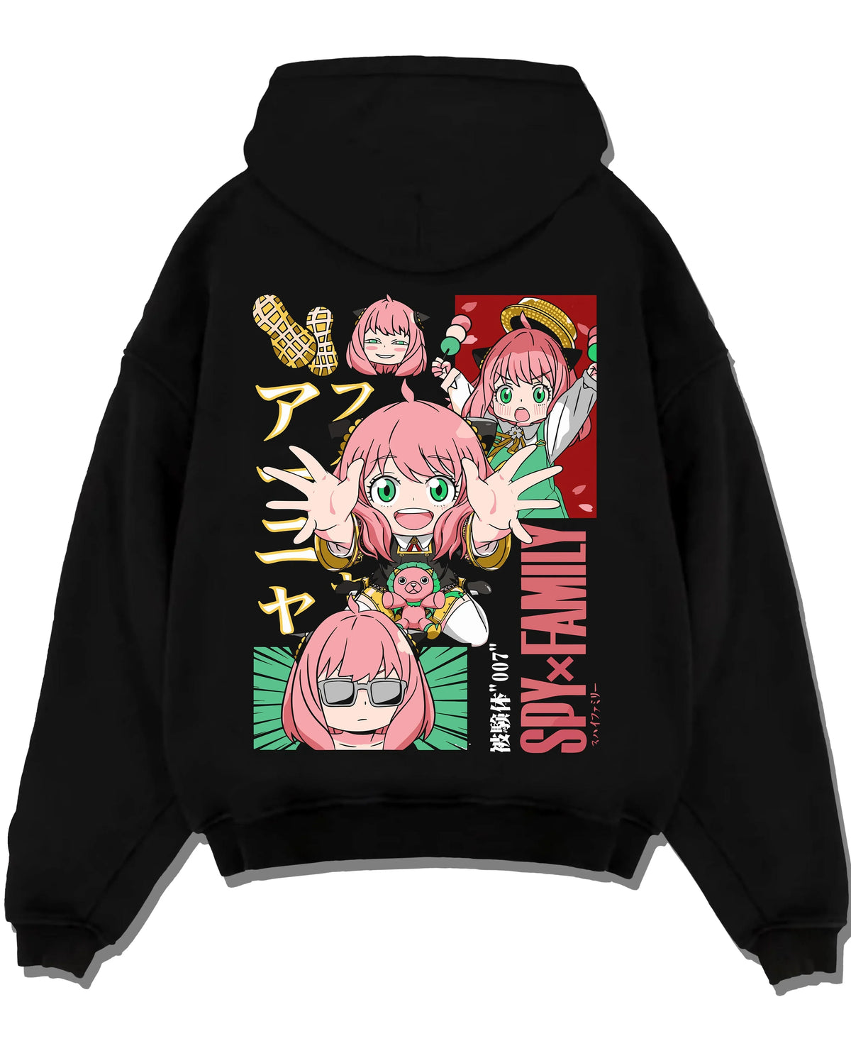 Black pullover hoodie laid flat with Anya Forger Hoodie Spy x Family Cute Panel Collection graphic bold anime graphic.