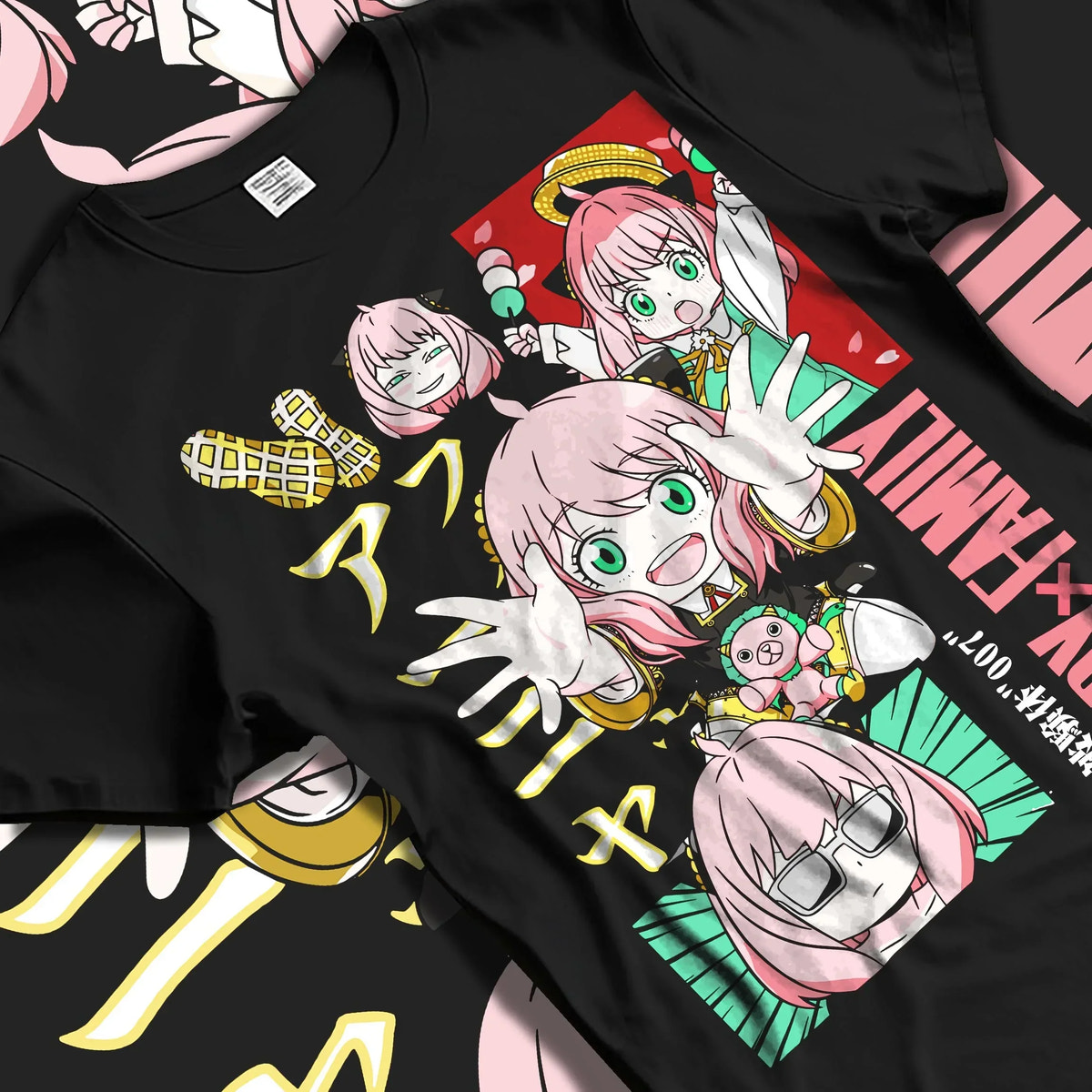 Black T-shirt laid flat with natural folds with Anya Forger Hoodie Spy x Family Cute Panel Collection graphic premium wear.