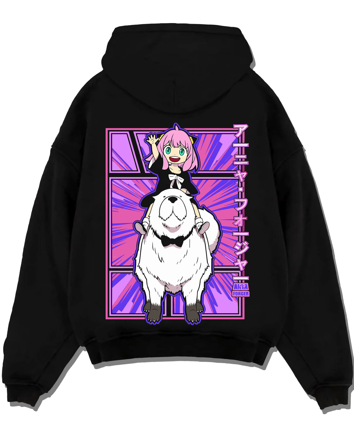 Black pullover hoodie laid flat with Anya Bond Hoodie Spy x Family Forger Family Dog Print graphic premium wear.