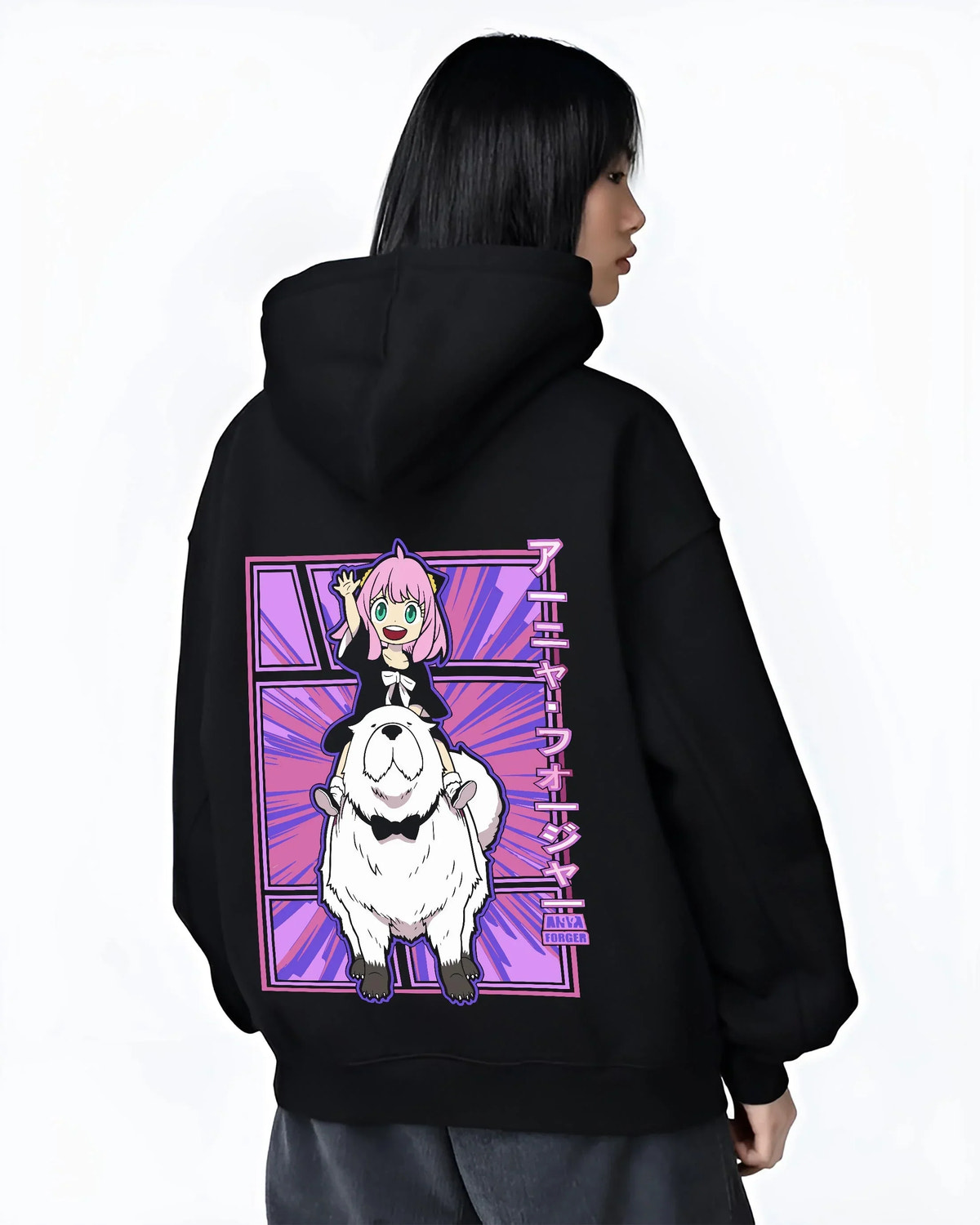 Black hoodie worn by female model, back view with Anya Bond Hoodie Spy x Family Forger Family Dog Print graphic premium wear.