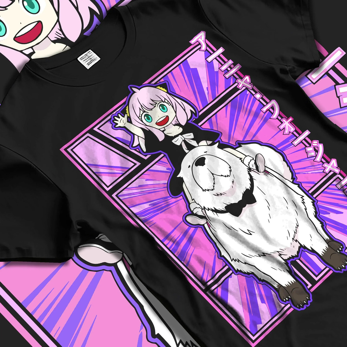 Black T-shirt laid flat with natural folds with Anya Bond Hoodie Spy x Family Forger Family Dog Print graphic streetwear graphic.