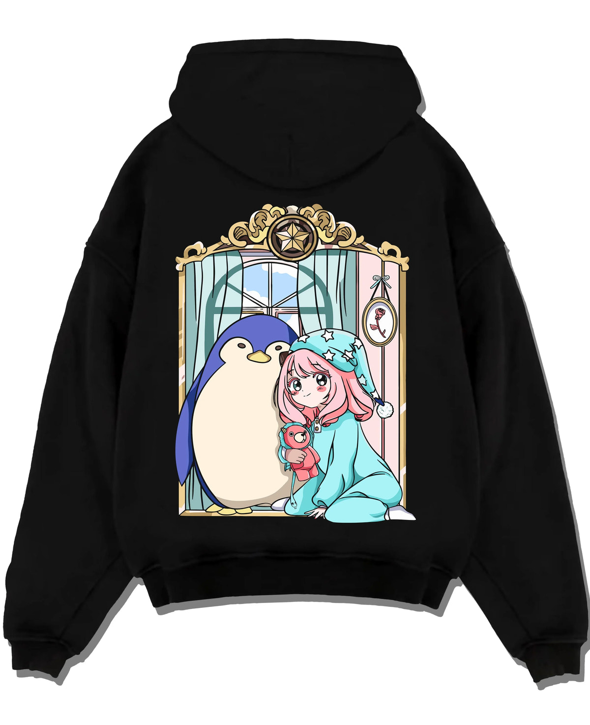 Black pullover hoodie laid flat with Anya Forger Hoodie Spy x Family Sleeping Plush Doll graphic bold anime graphic.