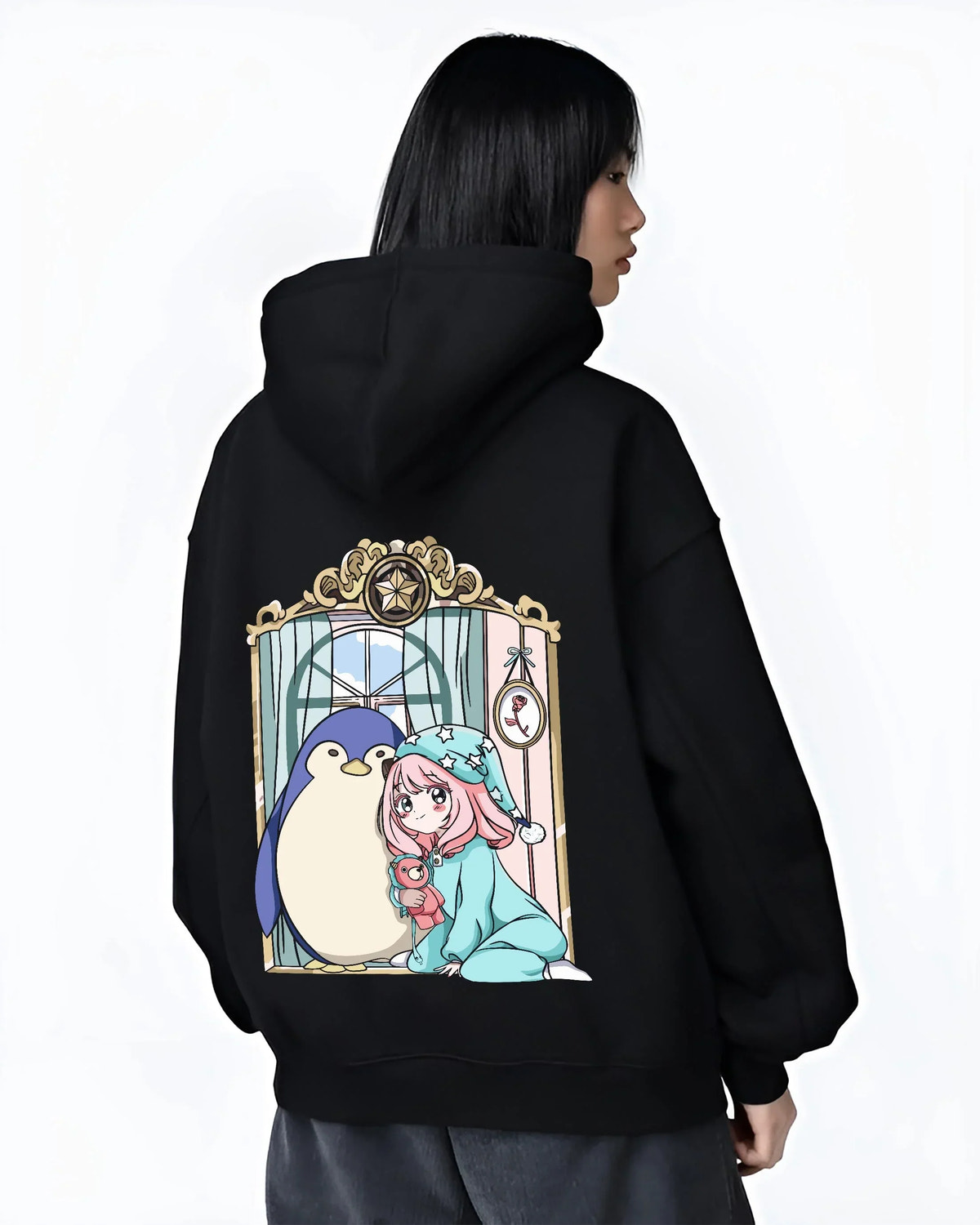 Black hoodie worn by female model, back view with Anya Forger Hoodie Spy x Family Sleeping Plush Doll graphic streetwear graphic.
