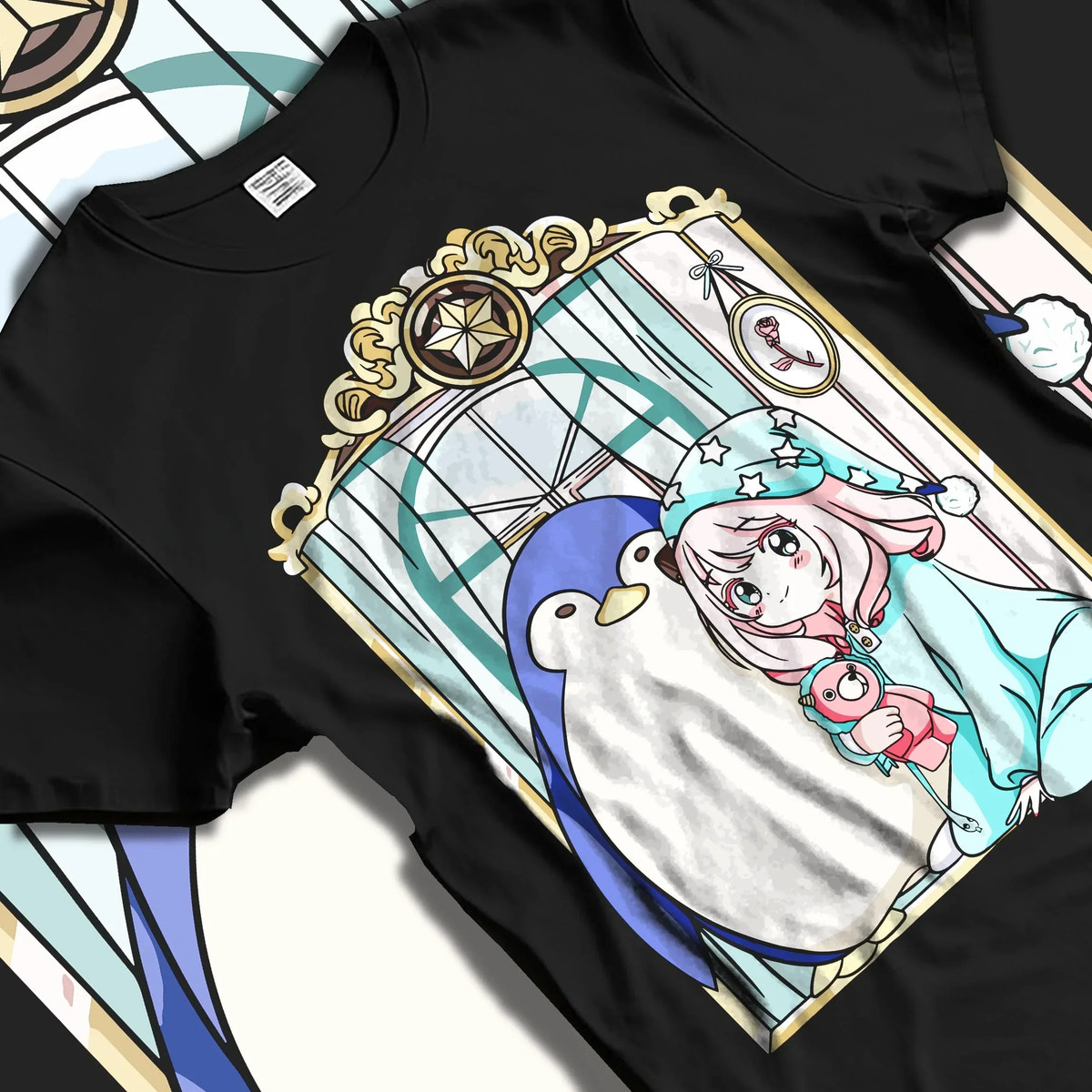 Black T-shirt laid flat with natural folds with Anya Forger Hoodie Spy x Family Sleeping Plush Doll graphic streetwear graphic.
