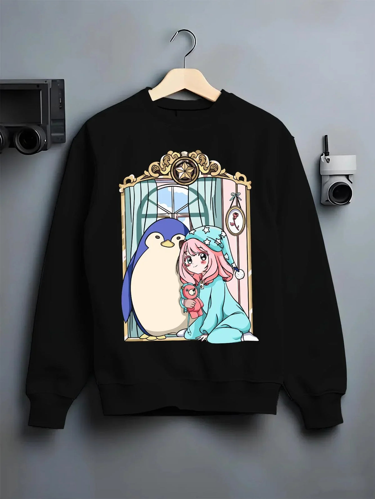 Black crewneck sweatshirt on hanger with Anya Forger Hoodie Spy x Family Sleeping Plush Doll graphic streetwear graphic.