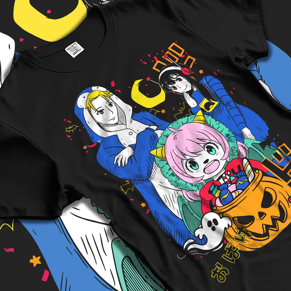 Black T-shirt laid flat with natural folds featuring Anya Forger Halloween Spy x Family pumpkin-night artwork.