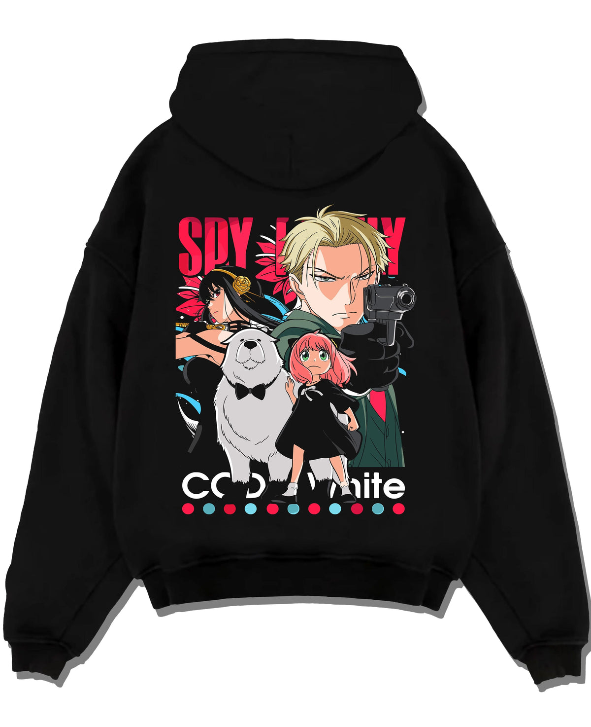 Black hoodie laid flat featuring Anya Forger Spy x Family family mission artwork with bold anime graphic print.