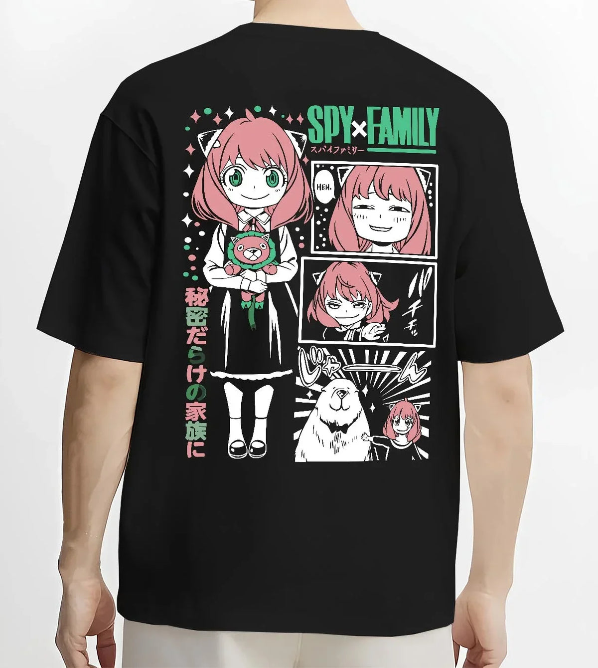 Black T-shirt worn by male model, back view with Anya Forger Hoodie Spy x Family Manga Comic Collage graphic bold anime graphic.