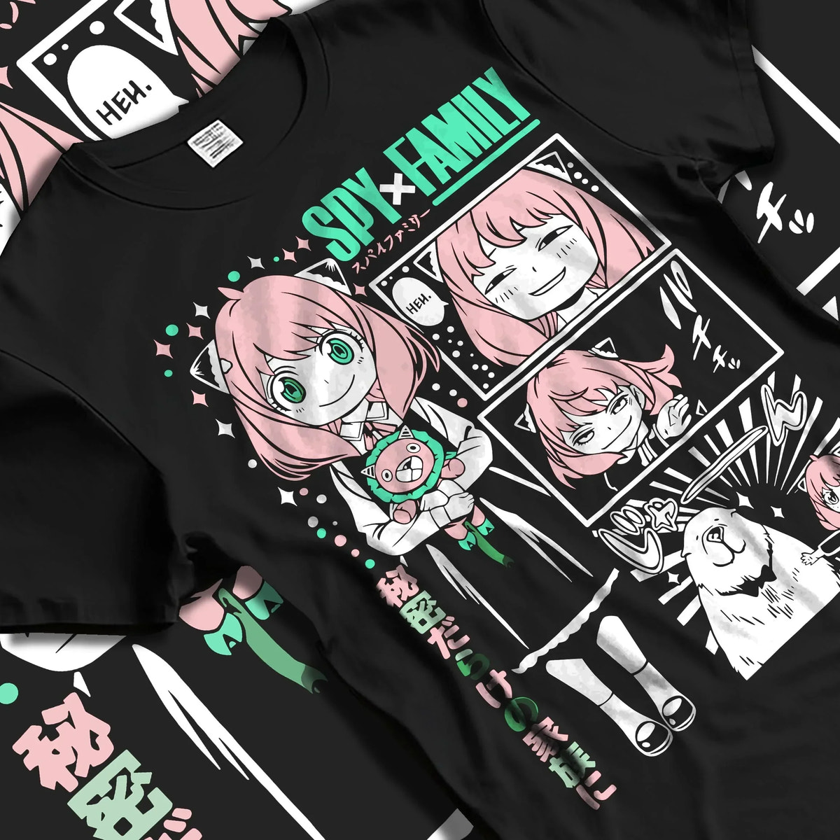 Black T-shirt laid flat with natural folds with Anya Forger Hoodie Spy x Family Manga Comic Collage graphic premium wear.