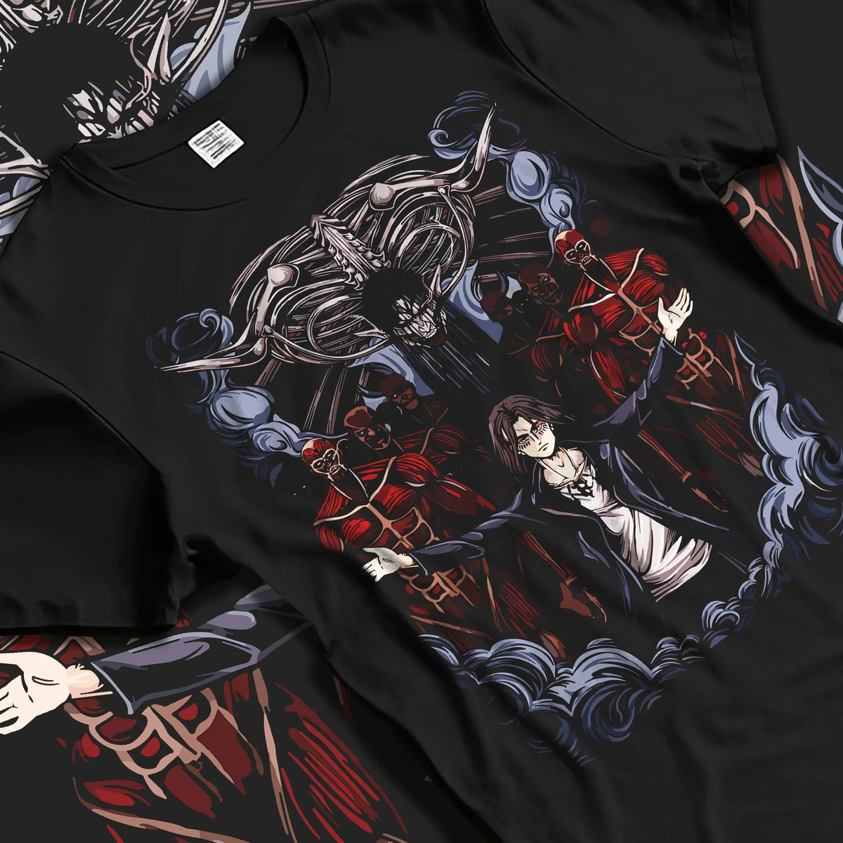 Black T-shirt laid flat with natural folds with Attack on Titan Hoodie Survey Corps Levi Throne Scene graphic premium wear.