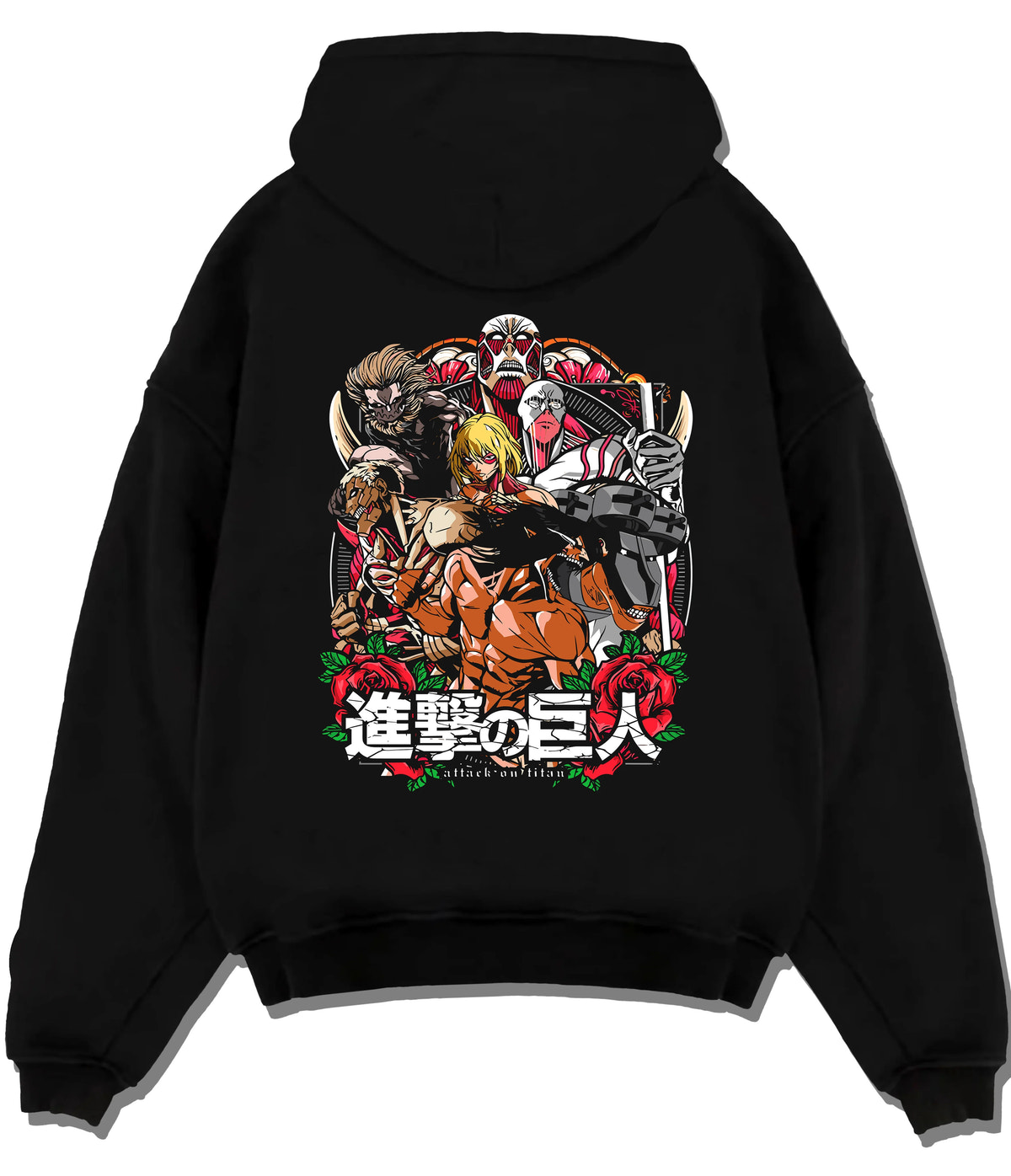 Black hoodie flat back view showing Attack on Titan: character and Titan group artwork